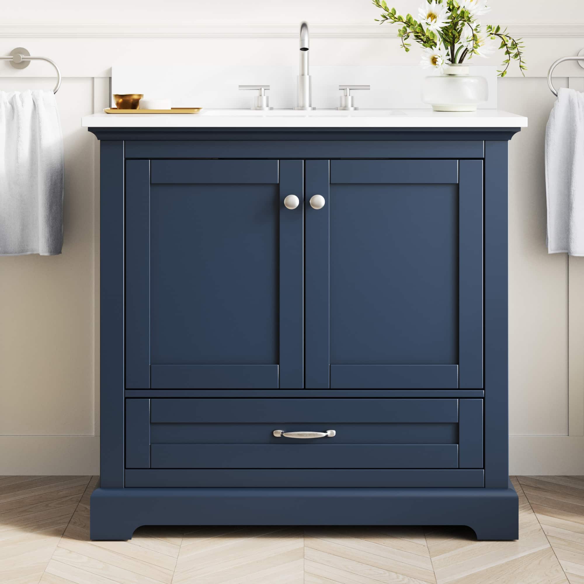 WELLFOR - LVD 36 in. Solid Wood Single Sink Freestanding Bath Vanity with Culutered Marble Top, Assembled - Navy Blue