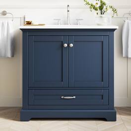WELLFOR - LVD 36 in. Solid Wood Single Sink Freestanding Bath Vanity with Culutered Marble Top, Assembled - Navy Blue