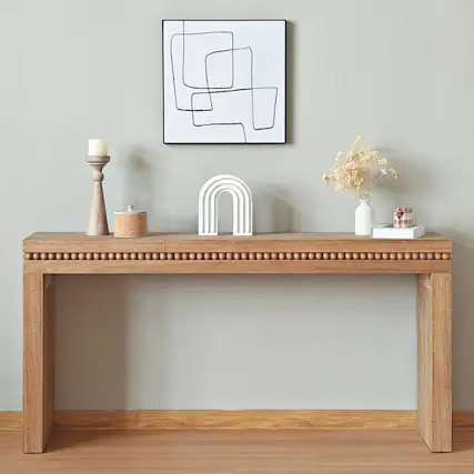 Front. GOODSILO - Modern Wooden Console Table with Decorative Beaded Trim for Entryway and Living Room - Antique Natural.