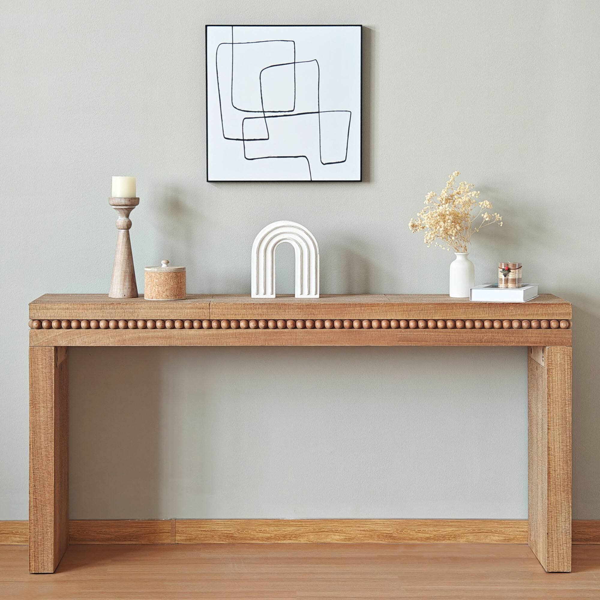 Front. GOODSILO - Modern Wooden Console Table with Decorative Beaded Trim for Entryway and Living Room - Antique Natural.