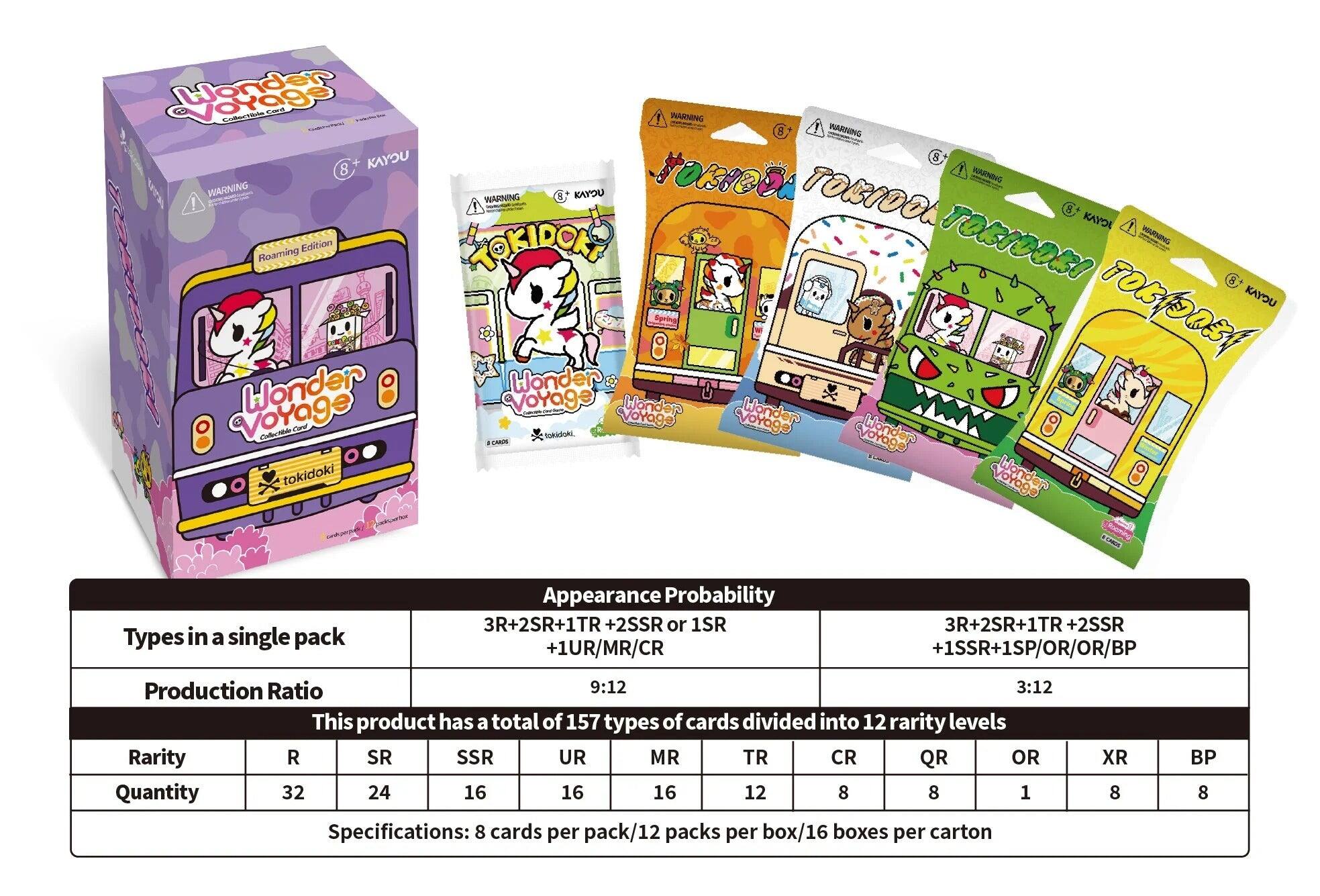 Wonder Sand WARNING 8 WARNING KAYOU S 8 WARNING WARNING WARNING KAYOU TOKIOSA TOKIOOK KAYOU Edition TORIDORI WARNING Roaming TOKIDOKI 8 KAYOU 8 TOKTORSA Wonder Wonder Voyage Voyage Wonder Wonder new Voyage CollerVillate tokidaki, Voyage CHADO tokidoki Wondger

Types in a single pack
Appearance Probability 3R+2SR+1TR +2SSR or 1SR +1UR/MR/CR
3R+2SR+1TR +2SSR +1SSR+1SP/OR/OR/BP
Production Ratio 9:12 3:12 This product has a total of 157 types of cards divided into 12 rarity levels Rarity  SR SSR UR MR TR CR QR OR XR BP Quantity 32 24 16 16 16 12 8 8 1 Specifications: 8 cards per pack/12 packs per box/16 boxes per carton