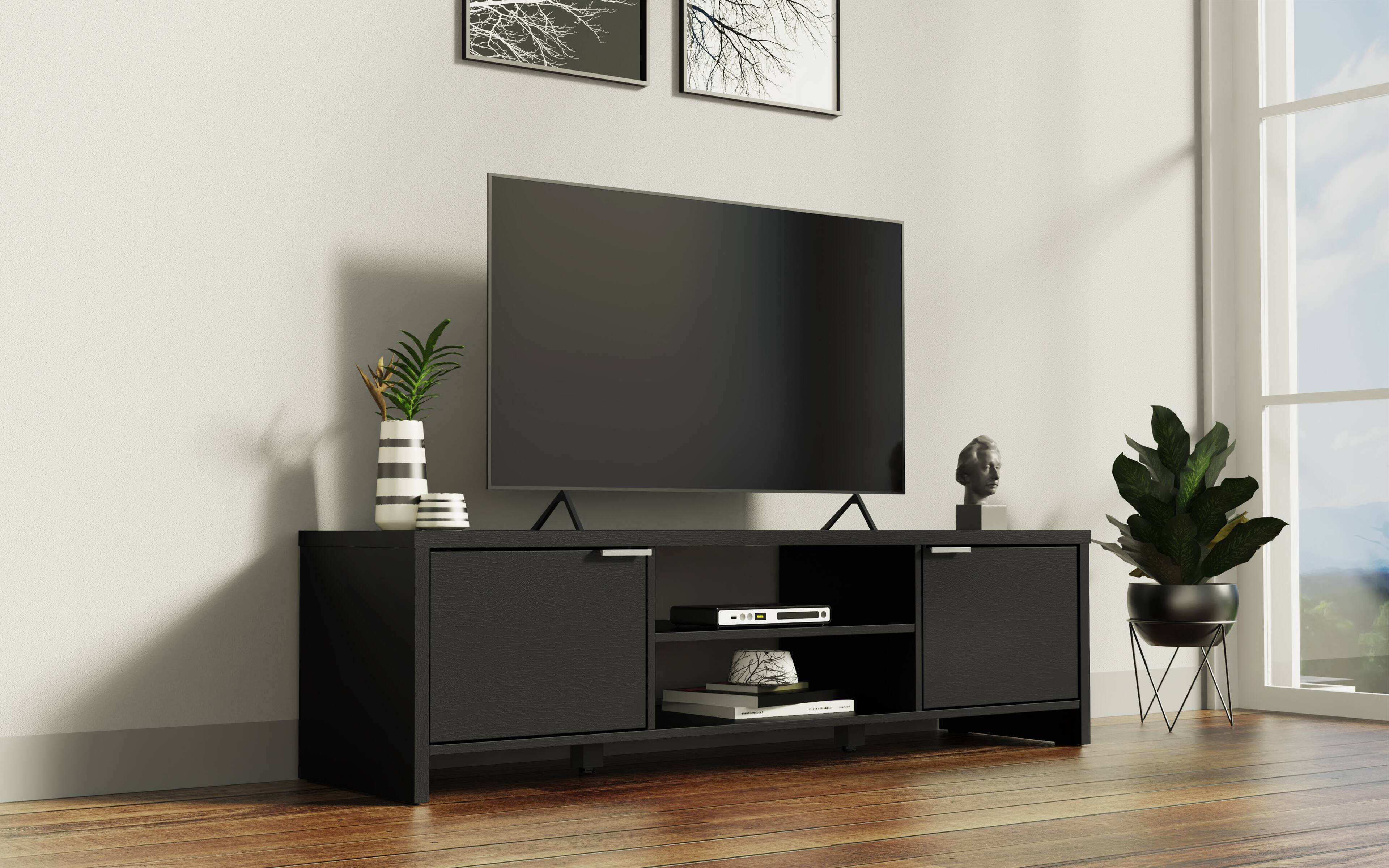 Alt View 4. Madesa - Madesa TV Stand with 2 Cabinet Doors and Open Shelves 57"L Media Storage - Black - Black.