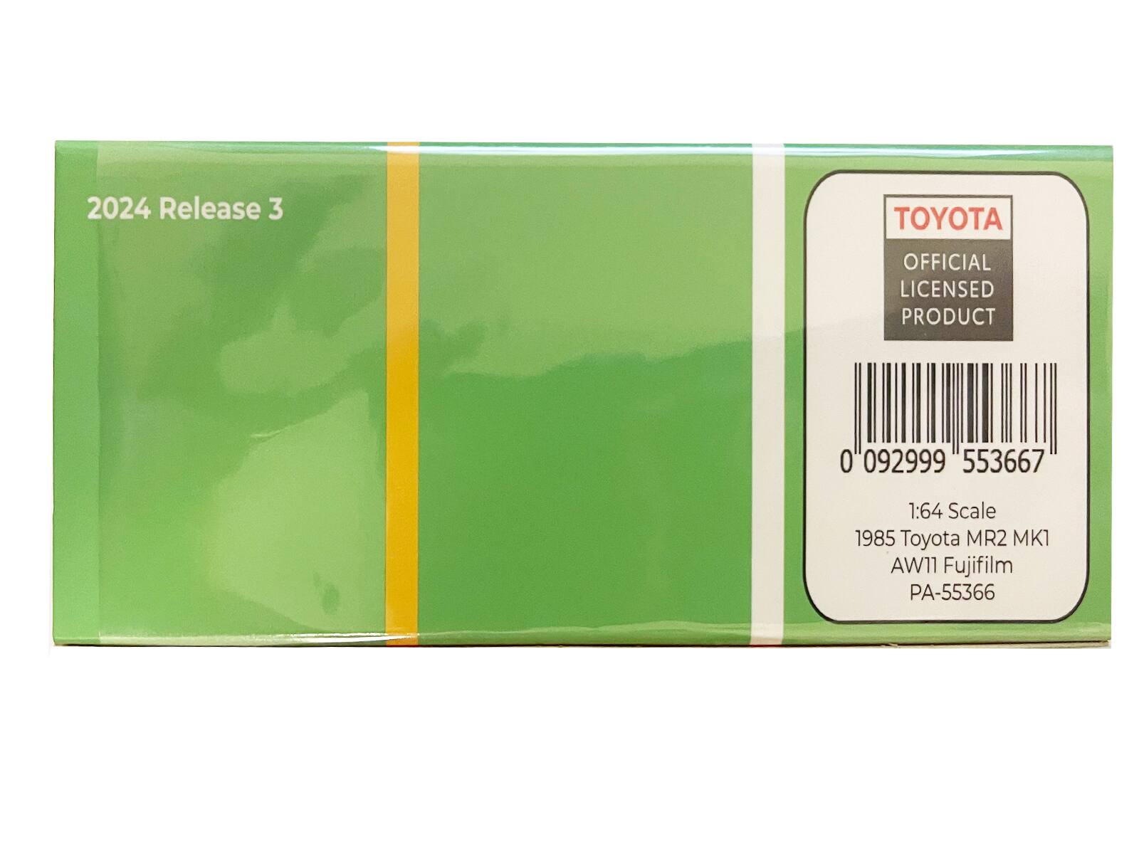 2024 Release 3  
TOYOTA  
OFFICIAL LICENSED PRODUCT  
0 092999 553667  
1:64 Scale  
1985 Toyota MR2 MK1 AW11 Fujifilm  
PA-55366
