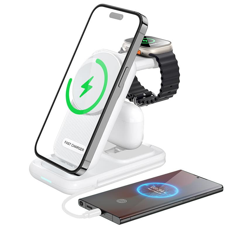 RISOKEYS - 3-in-1 Folding Wireless Charging Stand - Magnetic Phone Fast Charger Charging for Phone/Watch + Earphone Jack Charger