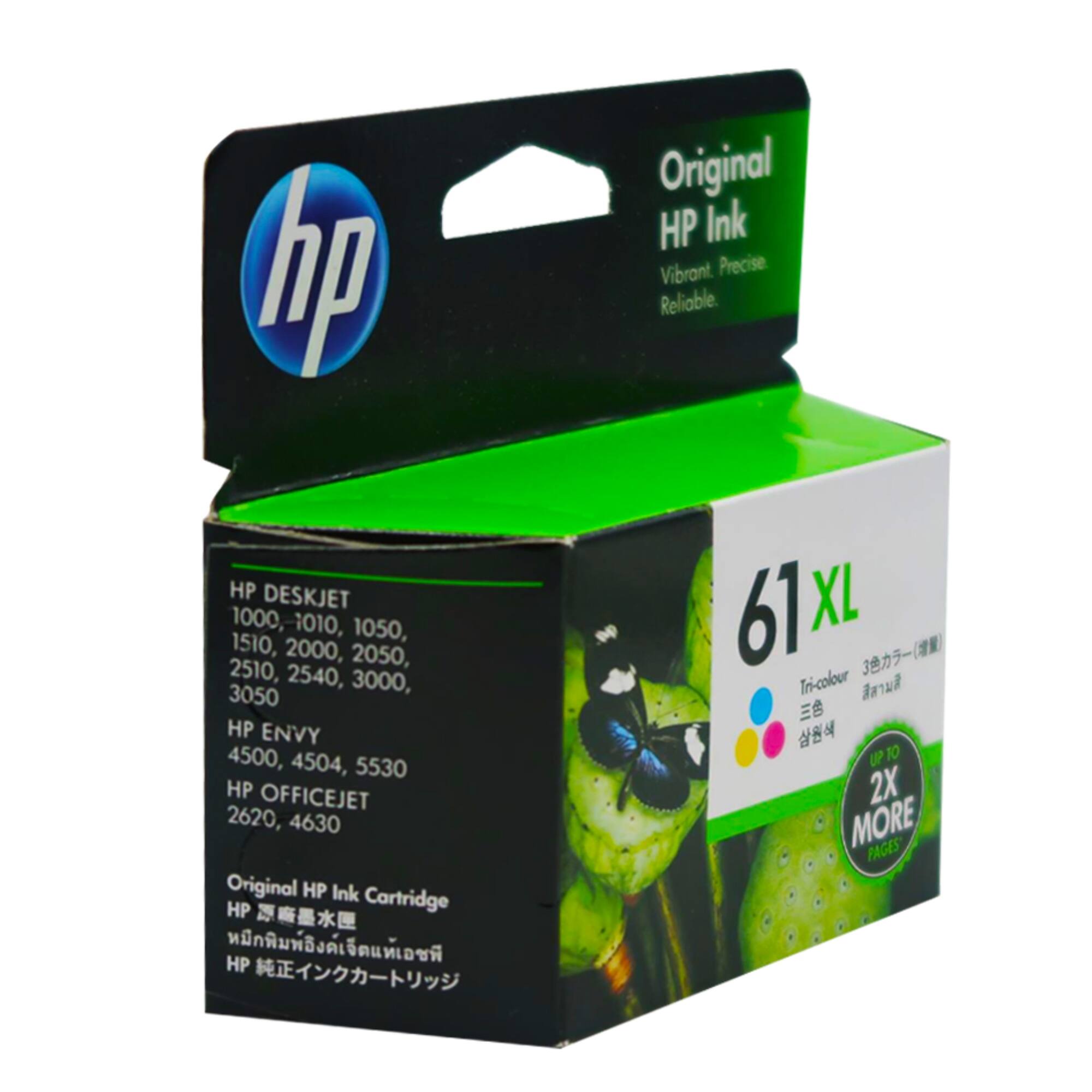 Original HP Ink  
Vibrant. Precise. Reliable.  

HP DESKJET 1000, 1010, 1050, 1510, 2000, 2050, 2510, 2540, 3000, 3050  
HP ENVY 4500, 4504, 5530  
HP OFFICEJET 2620, 4630  

Original HP Ink Cartridge  
HP 61 XL  
Tri-colour  
3(色)  
UP TO 2X MORE PAGES