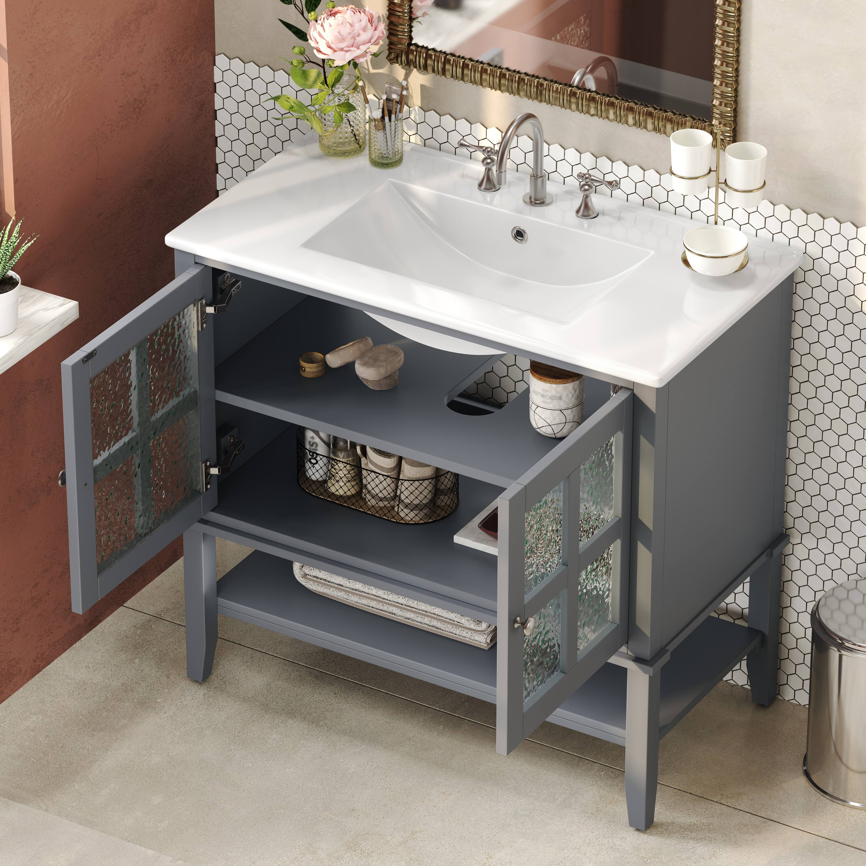 Left. Loheer - 3 ft Gray Bathroom Vanity with Ceramic Sink, Adjustable Shelf, Open Storage, Soft Close Hinges - Gray.