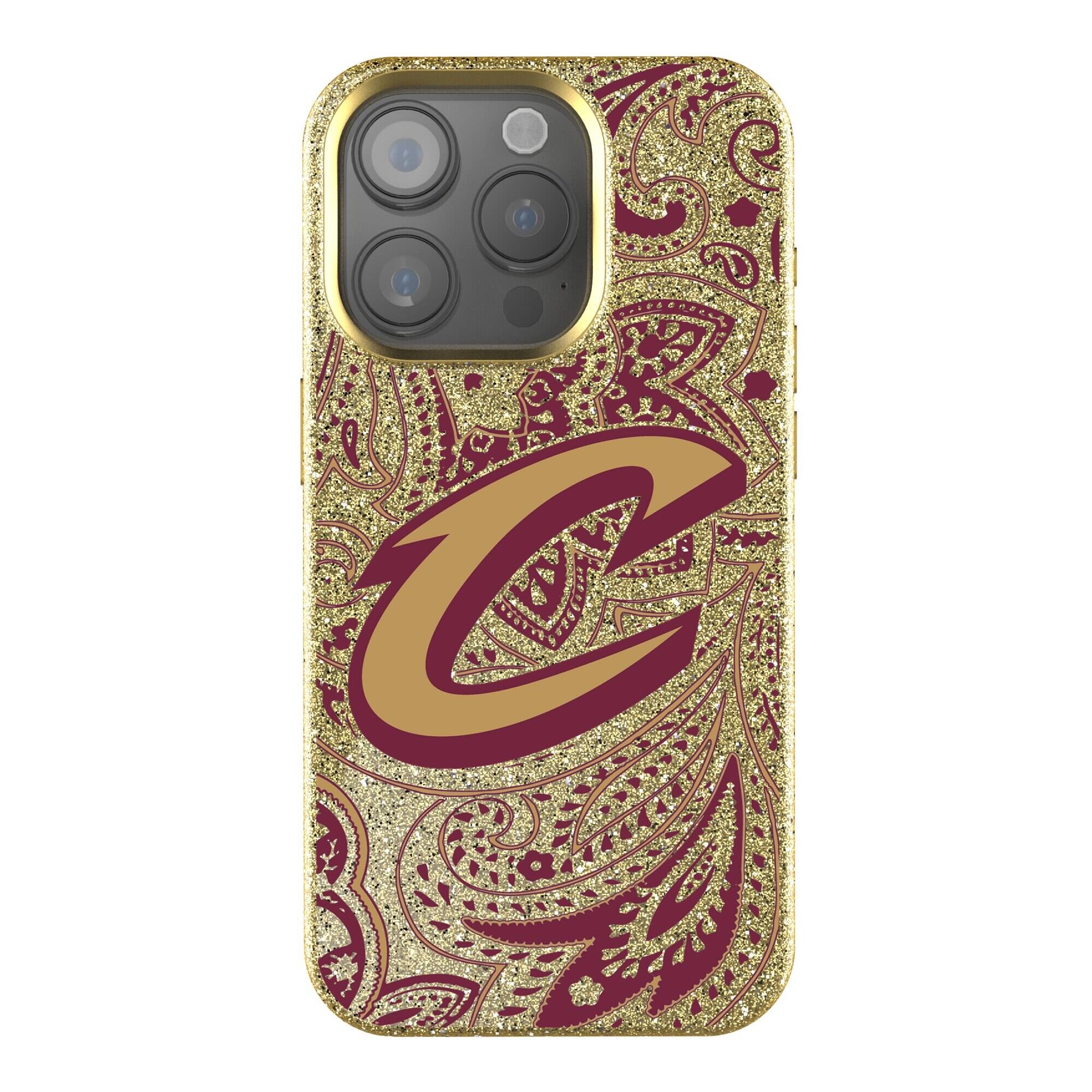 Front. Keyscaper - Cleveland Cavaliers Paisley Bling iPhone Case - 15 Plus - Gold.