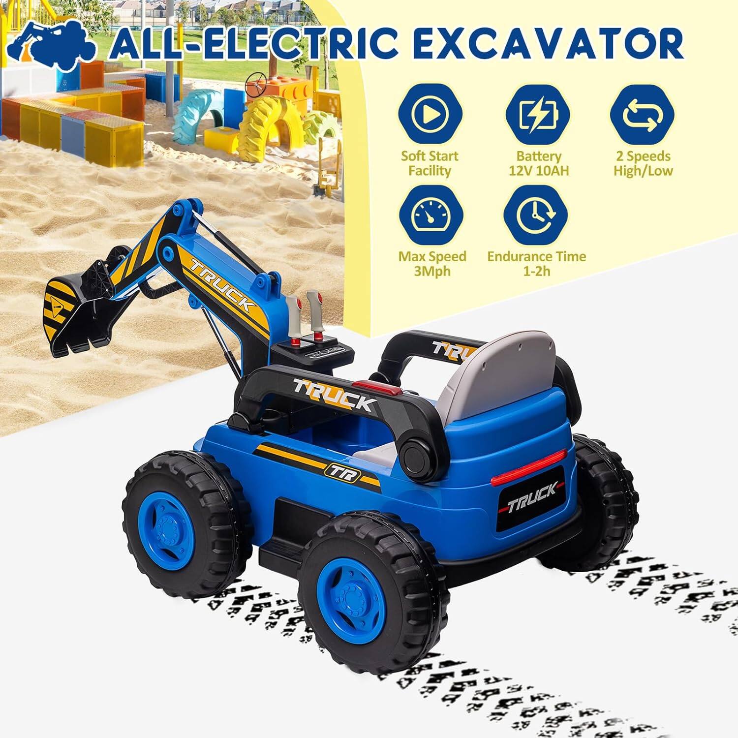 ALL-ELECTRIC EXCAVATOR  
Soft Start Facility  
Battery 12V 10AH  
2 Speeds High/Low  
Max Speed 3Mph  
Endurance Time 1-2h