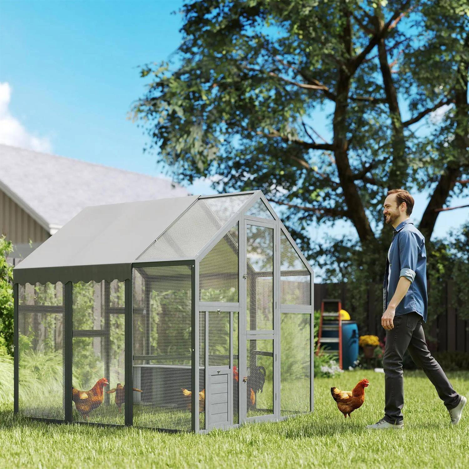 Alt View 6. Pefilos - 66" Large Chicken Coop Rabbit Hutch, Outdoor Wooden Poultry Cage Hen House with Nesting Box, Waterproof & Anti-UV Cover.