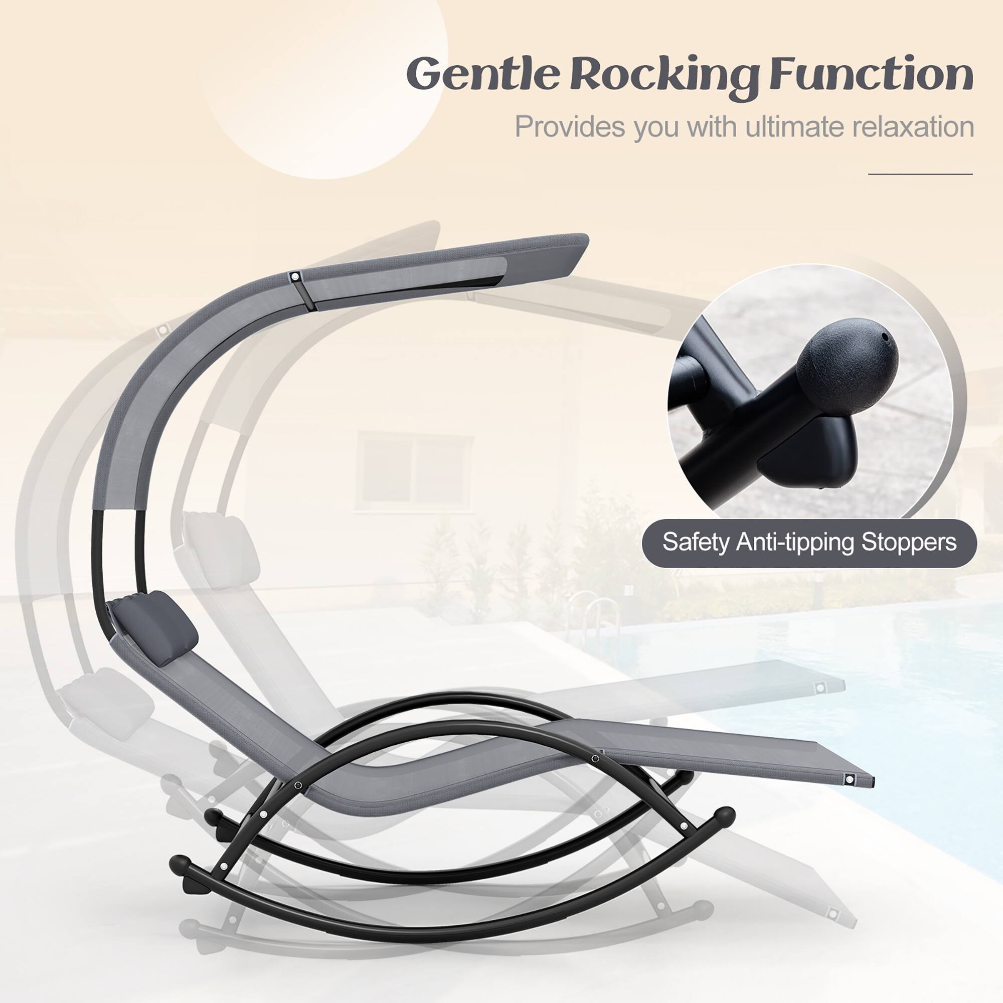 Gentle Rocking Function, Provides you with ultimate relaxation, Safety Anti-tipping Stoppers