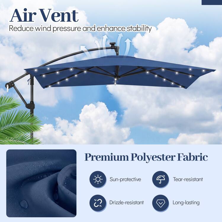 Air Vent  
Reduce wind pressure and enhance stability  

Premium Polyester Fabric  
Sun-protective  
Tear-resistant  
Drizzle-resistant  
Long-lasting
