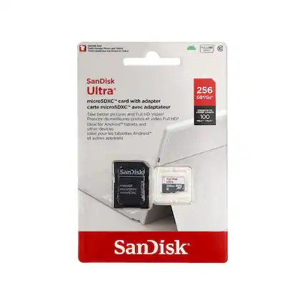 SanDisk Ultra microSDXC card with adapter
carte microSDXC" avec adaptateur
Take better pictures and Full HD Video?
Prendre de meilleures photos et vidéo Full HD
Ideal for Android™ tablets and other devices
Idéal pour les tablettes Android™ et autres appareils
256 GB*
VITESSE JUSQU'A 100 MB/s*
SanDisk microSDHC microSDXC
FULL HD VIDEO
SanDisk