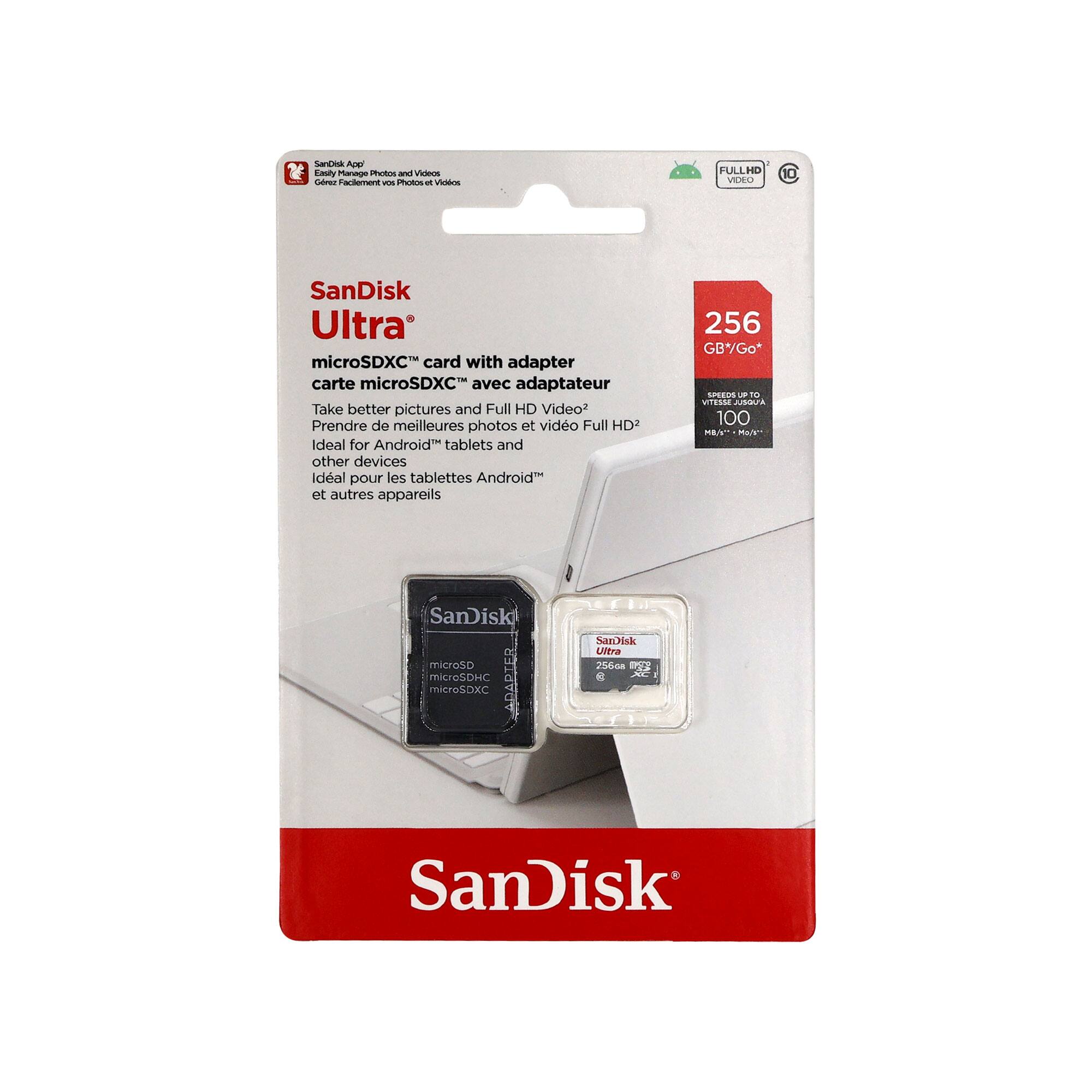 SanDisk Ultra microSDXC card with adapter  
carte microSDXC" avec adaptateur  

Take better pictures and Full HD Video?  
Prendre de meilleures photos et vidéo Full HD  

Ideal for Android™ tablets and other devices  
Idéal pour les tablettes Android™ et autres appareils  

256 GB*  

VITESSE JUSQU'A 100 MB/s*  

SanDisk microSDHC microSDXC  

FULL HD VIDEO  

SanDisk