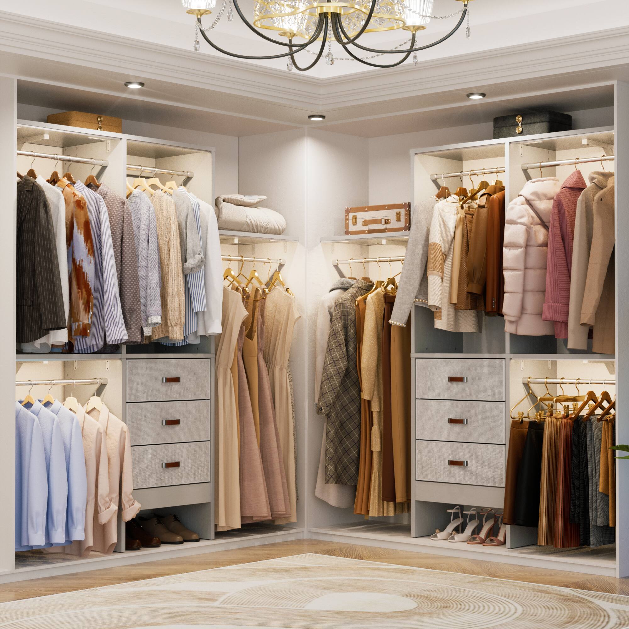 Angle. Aheaplus - 60" Walk-in Closet Organizer: 3 Fabric Drawers, 3 Adjustable Shelves, Heavy Duty Garment Rack - 59"L x 16"W x 71"H - Gray.