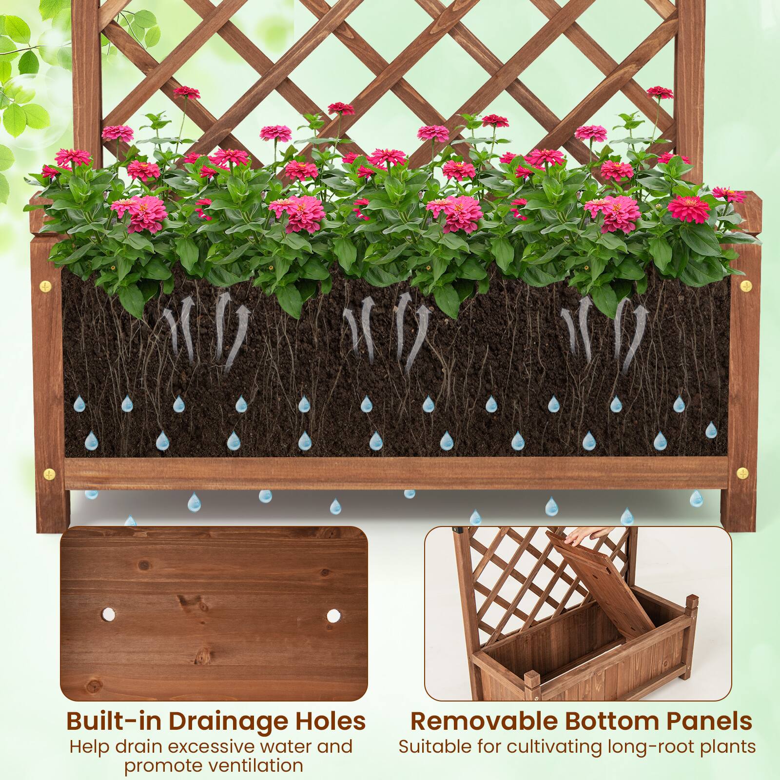Built-in Drainage Holes  
Help drain excessive water and promote ventilation  

Removable Bottom Panels  
Suitable for cultivating long-root plants