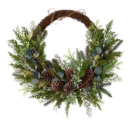 BreeBe - 30” Pine and Pinecone Christmas Wreath on Twig Ring - Green