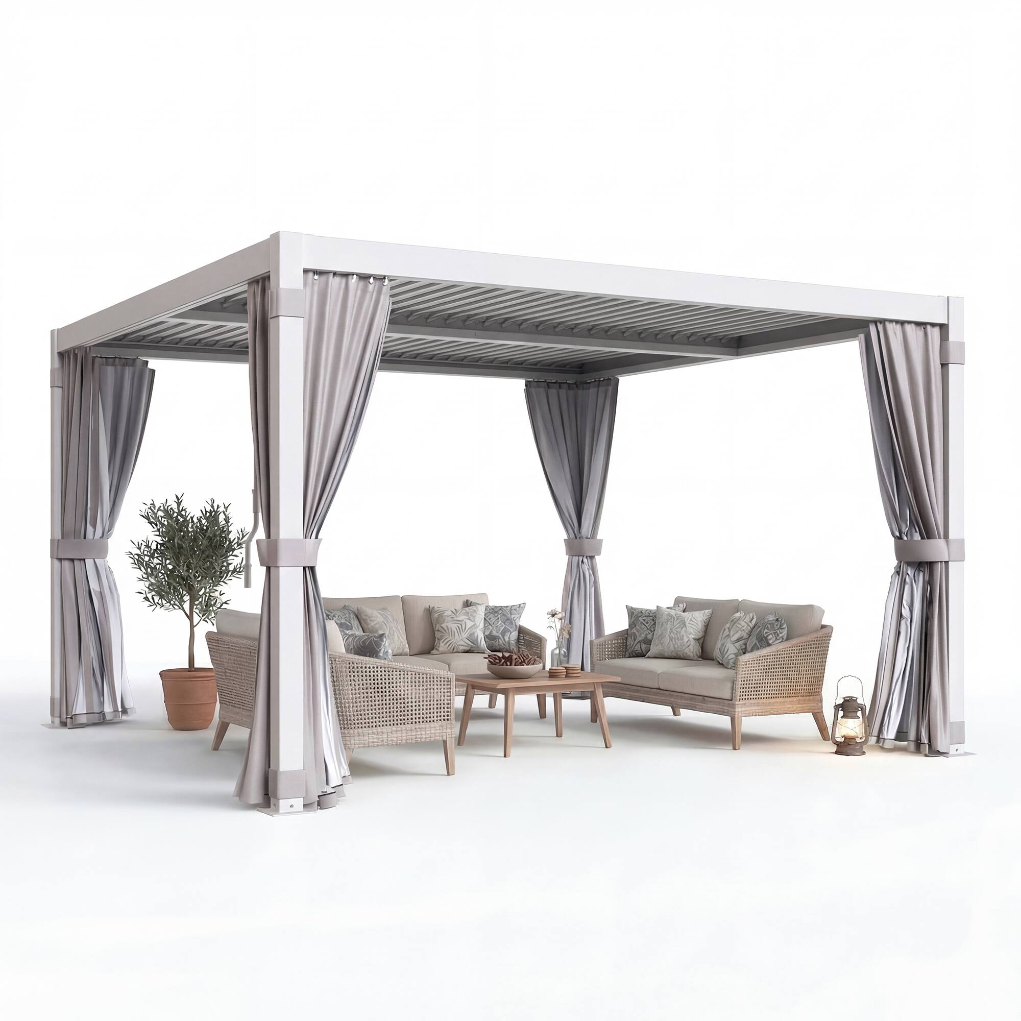 Alt View 5. U-HOMY - 12x12 Aluminum Louvered Pergola with Adjustable Roof, Outdoor Patio Gazebo with Curtains for Backyard and Deck - White.