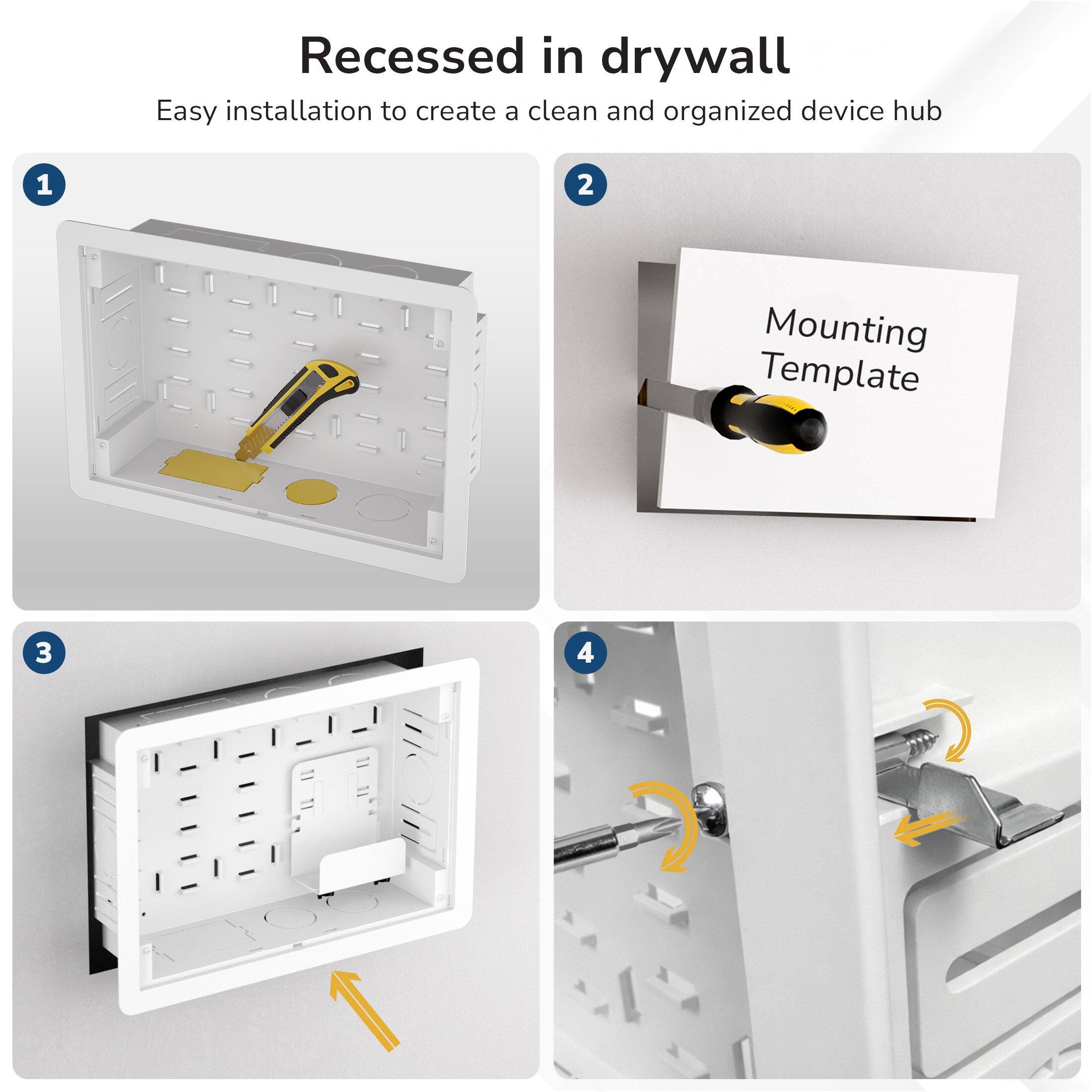 Recessed in drywall  
Easy installation to create a clean and organized device hub  

1. Mounting Template  
2.  
3.  
4.