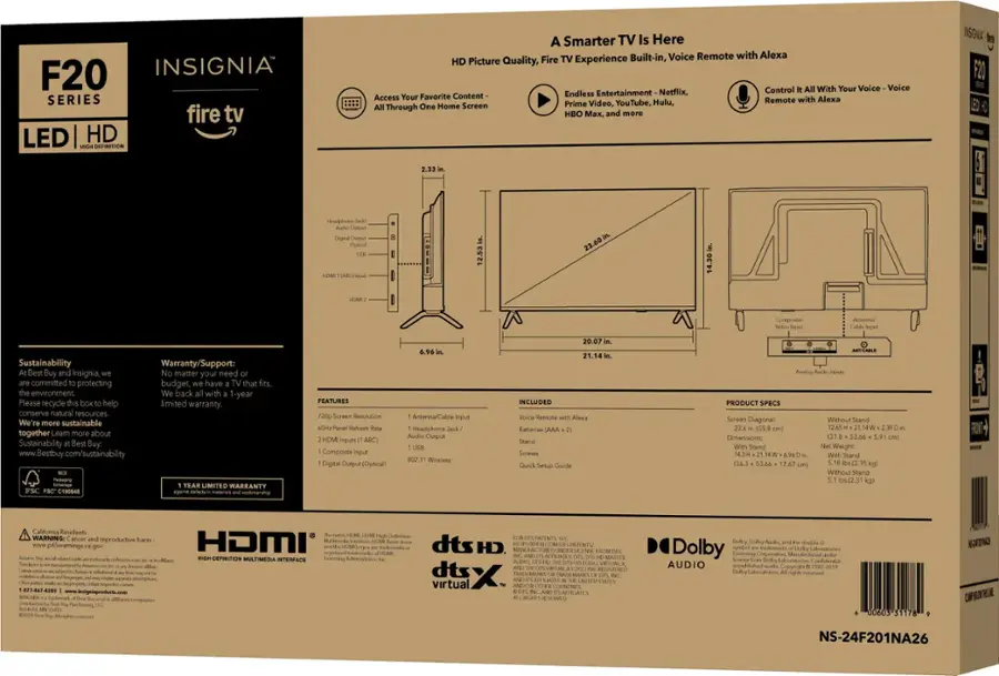 The text on the image is grouped and corrected as follows:

F20 INSIGNIA SERIES fire tv LED HD ITINTION A Smarter TV Is Here Built-in, Voice Remote with Alexa HD Picture Quality, Fire TV Experience Control With Your Voice Voice Content- Endless Entertainment Netflix, Access Your Favorite with Alexa YouTube, Hulu, Remote Through One Home Screen Prime Video, HBO Mx, and more INSGNA i F20 (ED Headphone 12.53 In. 23.40 14.30 Composite Actorena Sustainability Warranty/Support: Best Buy Insignia, matter your need committed protecting budget, have that fits. environment back with 1-year Please recycle help limited warranty. conserve natural resources more sustainable together Learn more about Sustainability Best Buy: [www.Bestbuy.com/sustainability](http://www.Bestbuy.com/sustainability) LIMITED WARRANTY C190648 wokmenghop PRATURES Screen Resolution Kefesh inputs Composte Digital Output (Optical) Antenna/Cable Headphone Audio Output 802.11 Wreless INCLUDEO Kemoto Ratteries Screws Selup Guide 20.07 21.14 PRODUCT SPECS Screen Diagonal Dimensions: 21.1