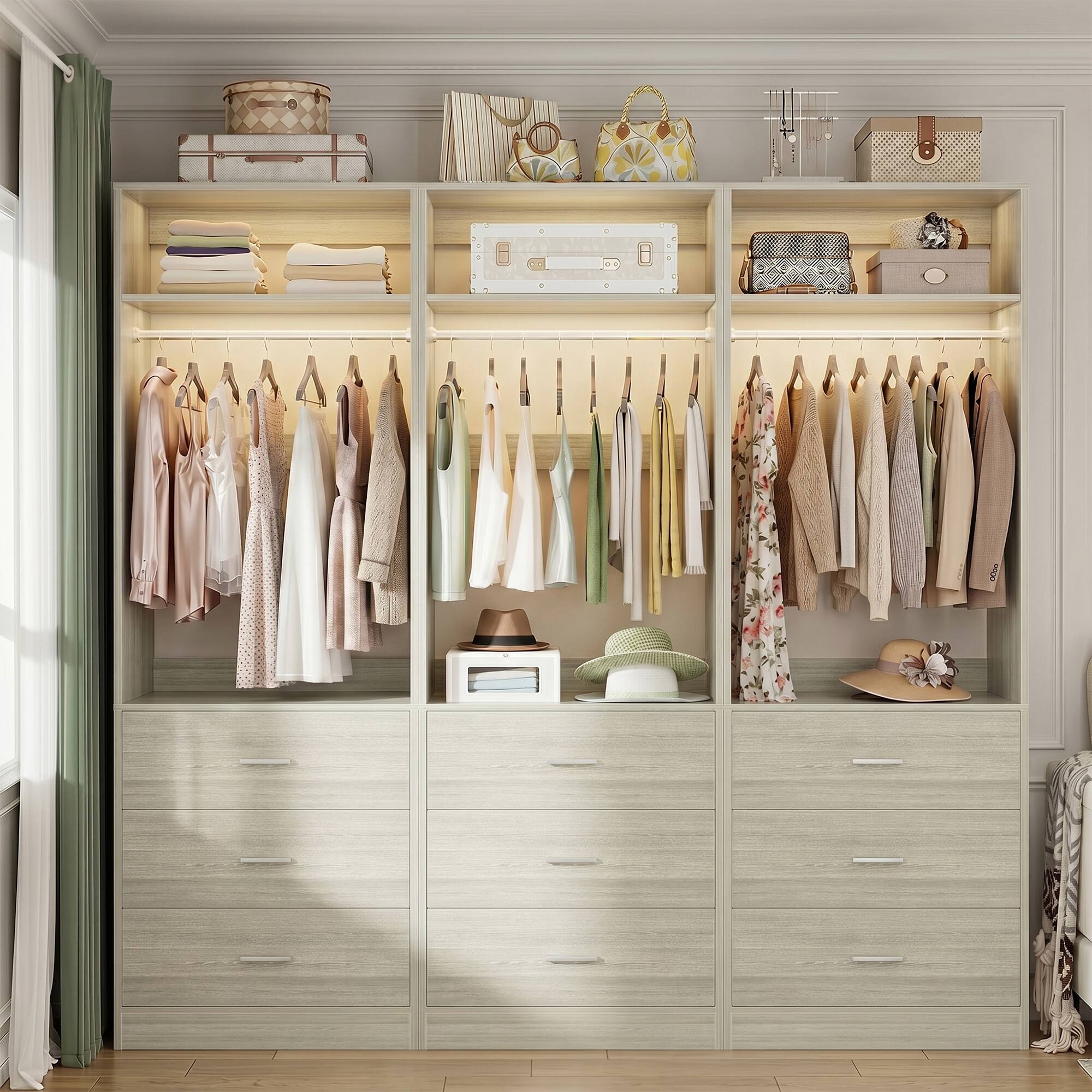 Left. Aheaplus - 3-Pack Freestanding Closet System with Drawers, Shelves and Hanging Rod - 24"L x 15"W x 80"H,Ships in 3 packages - White Oak.
