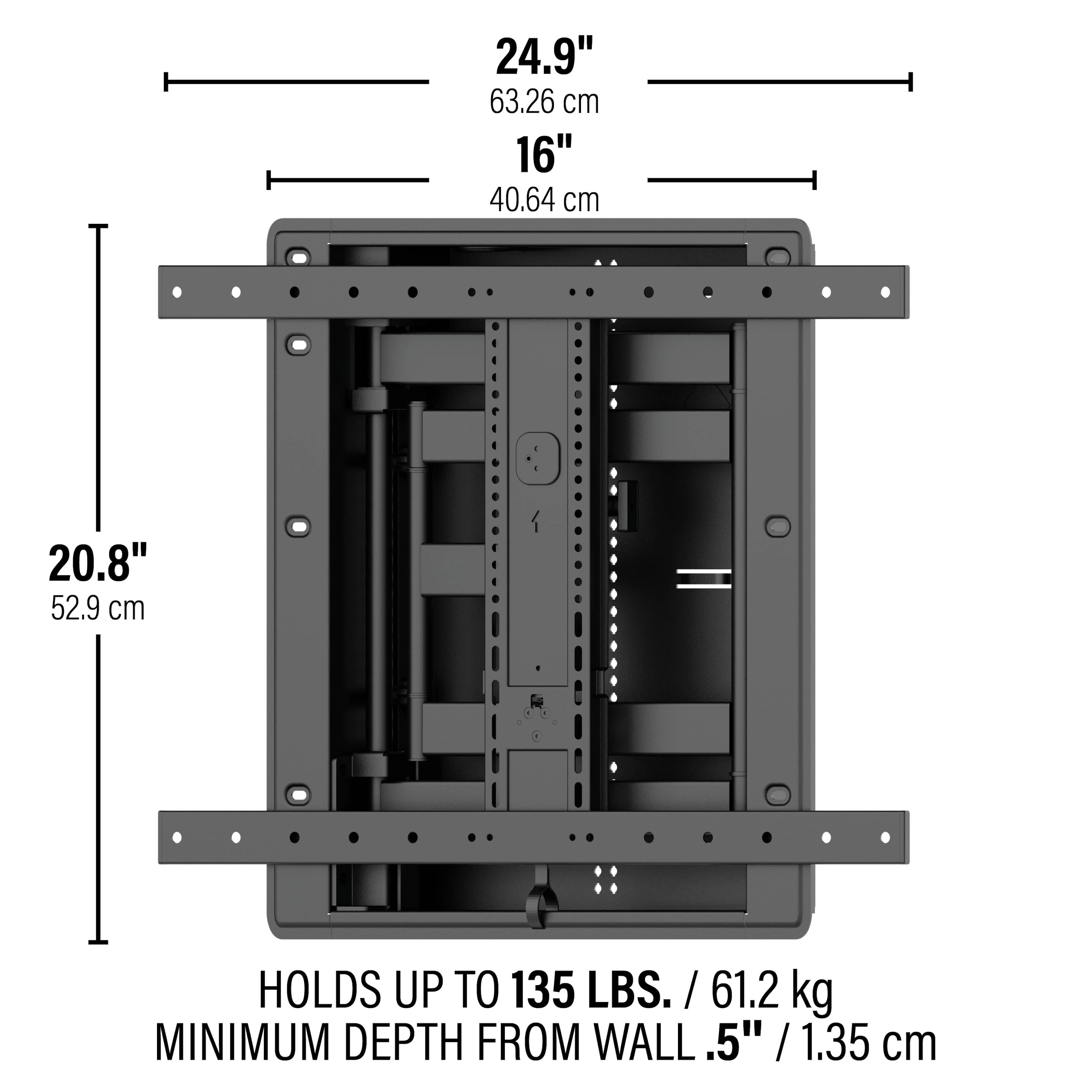 The image shows a black metal box with dimensions and weight capacity information. The box is 24.9 inches (63.26 cm) tall, 16 inches (40.64 cm) wide, and 20.8 inches (52.9 cm) deep. It can hold up to 135 pounds (61.2 kg) and has a minimum depth from the wall of 0.5 inches (1.35 cm).
