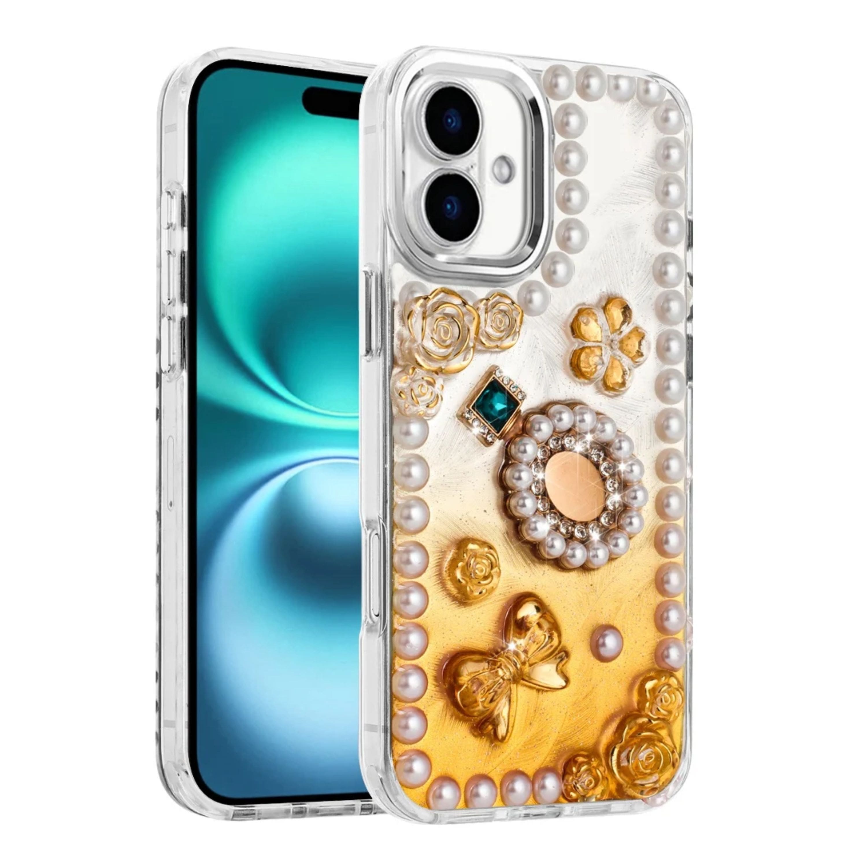 Kitcheniva - Floral & Faux Pearl Trim 3D Charms Phone Case With Tempered Glass For iPhone 17 Gold - Multicolor price history on PriceWatchPro