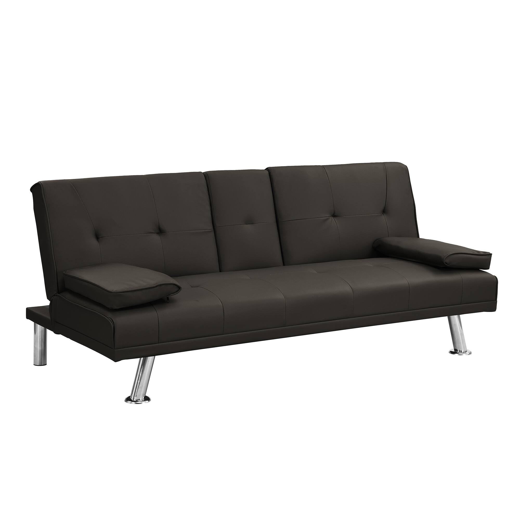Alt View 1. Tiramisubest - Modern Sofa Bed with Armrest Two Holders, PVC Upholstery, Wood Frame, Stainless Steel Legs, Dark Brown - Dark Brown.
