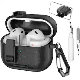 Dteck - Case for Samsung Galaxy Buds 3/3 Pro/3 FE with Phone Holder & Keychain,Leather Texture Earbuds Cover for Man Women - Black