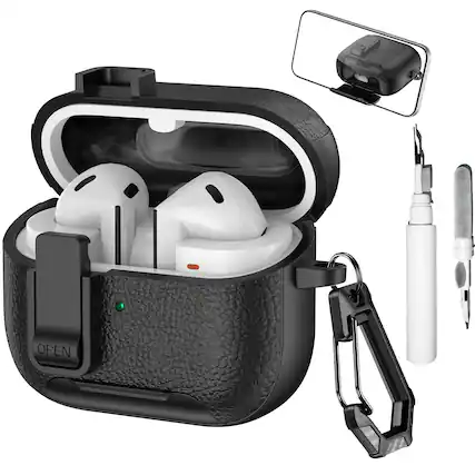 Front. Dteck - Case for Samsung Galaxy Buds 3/3 Pro/3 FE with Phone Holder & Keychain,Leather Texture Earbuds Cover for Man Women - Black.