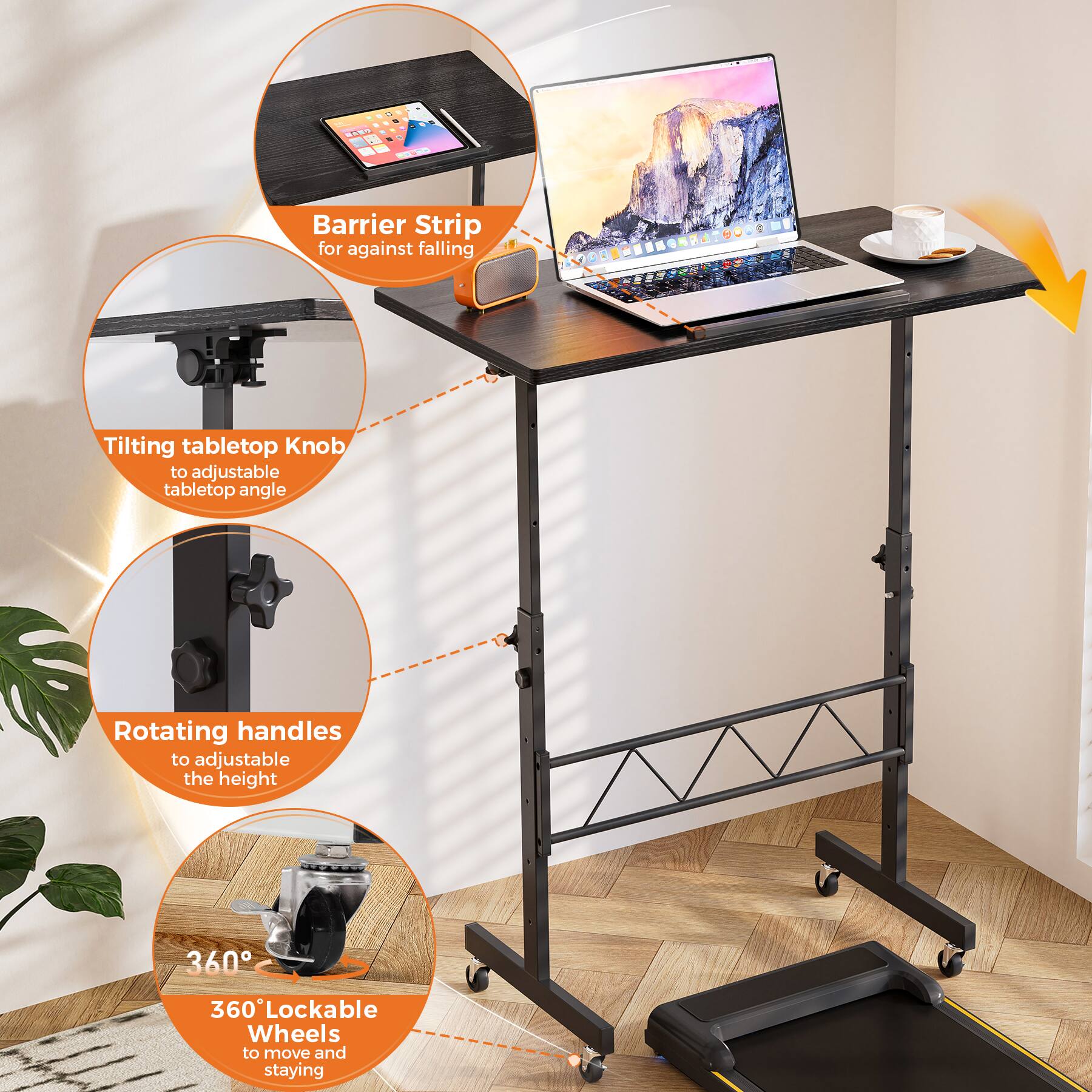 Barrier Strip for against falling. Tilting tabletop Knob to adjustable tabletop angle. Rotating handles to adjustable the height. 360° Lockable Wheels to move and staying.