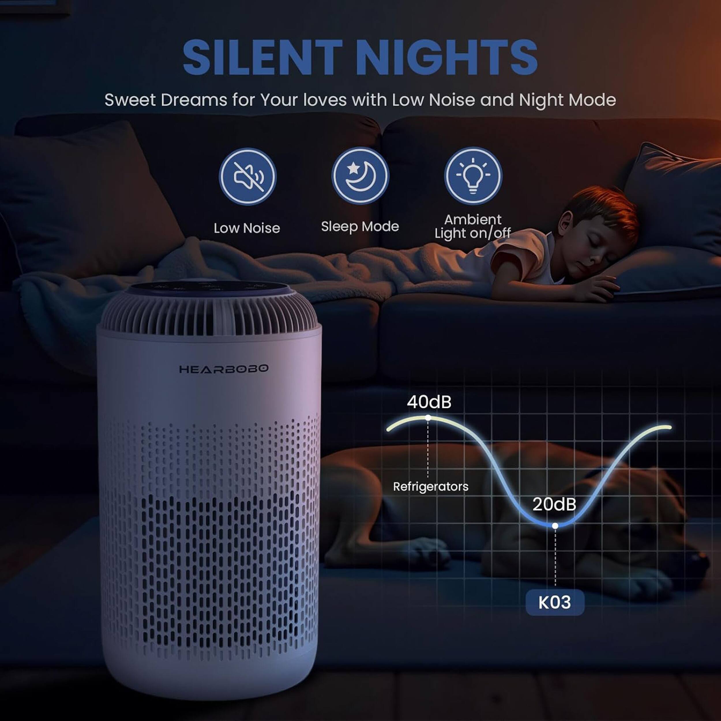 SILENT NIGHTS  
Sweet Dreams for Your loves with Low Noise and Night Mode  

- Low Noise  
- Sleep Mode  
- Ambient Light on/off  

HEARBOBO  

40dB  
Refrigerators  
20dB  

K03