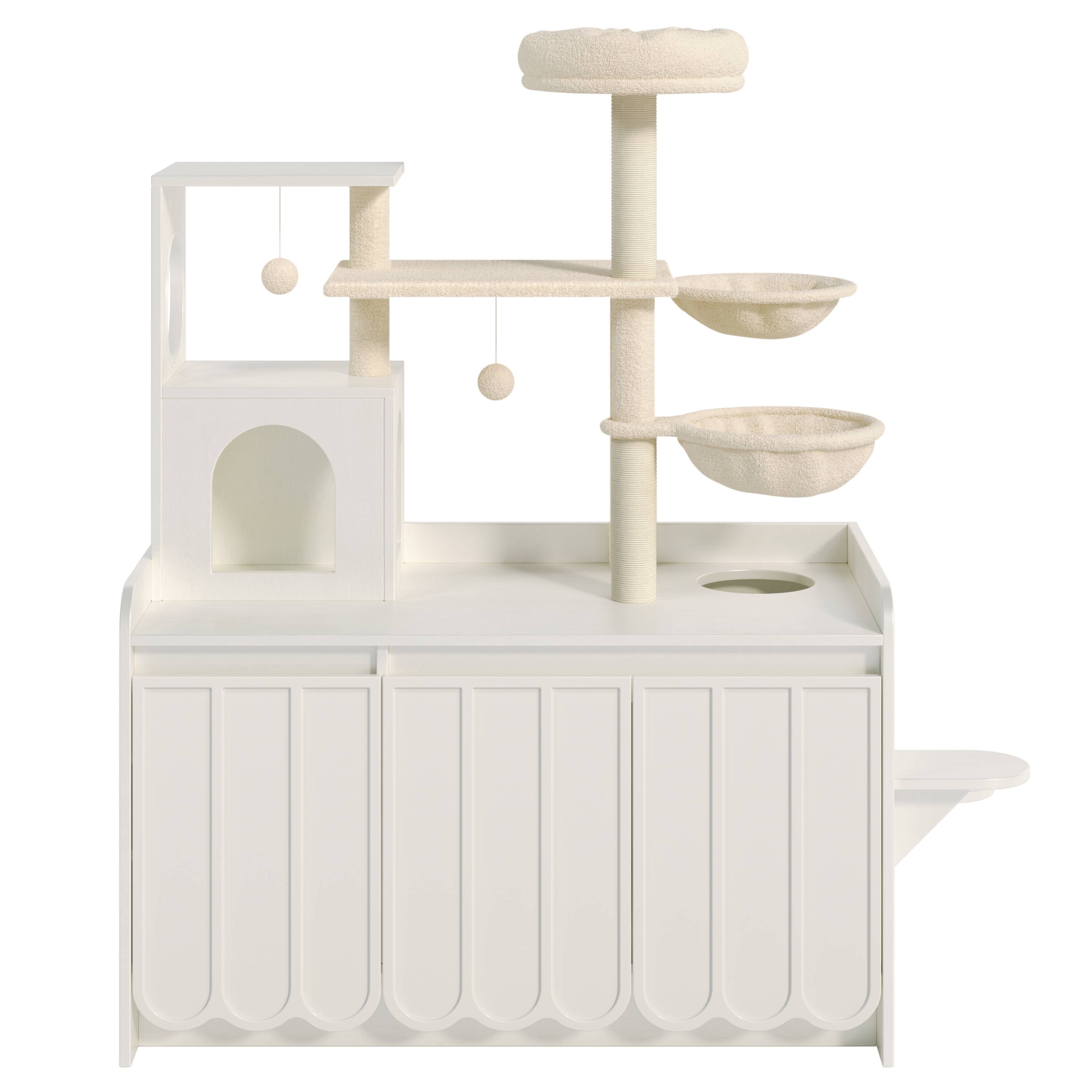 Back. Whisen - 50.6" Multi-Level Cat Tree with Hidden Litter Box Enclosure, Storage Cabinet, Sisal Scratching Posts - White.