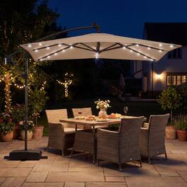 Mondawe - 8x8 FT Solar LED Offset Cantilever Square Patio Umbrella 360 Rotation with Base - Rustic Brown