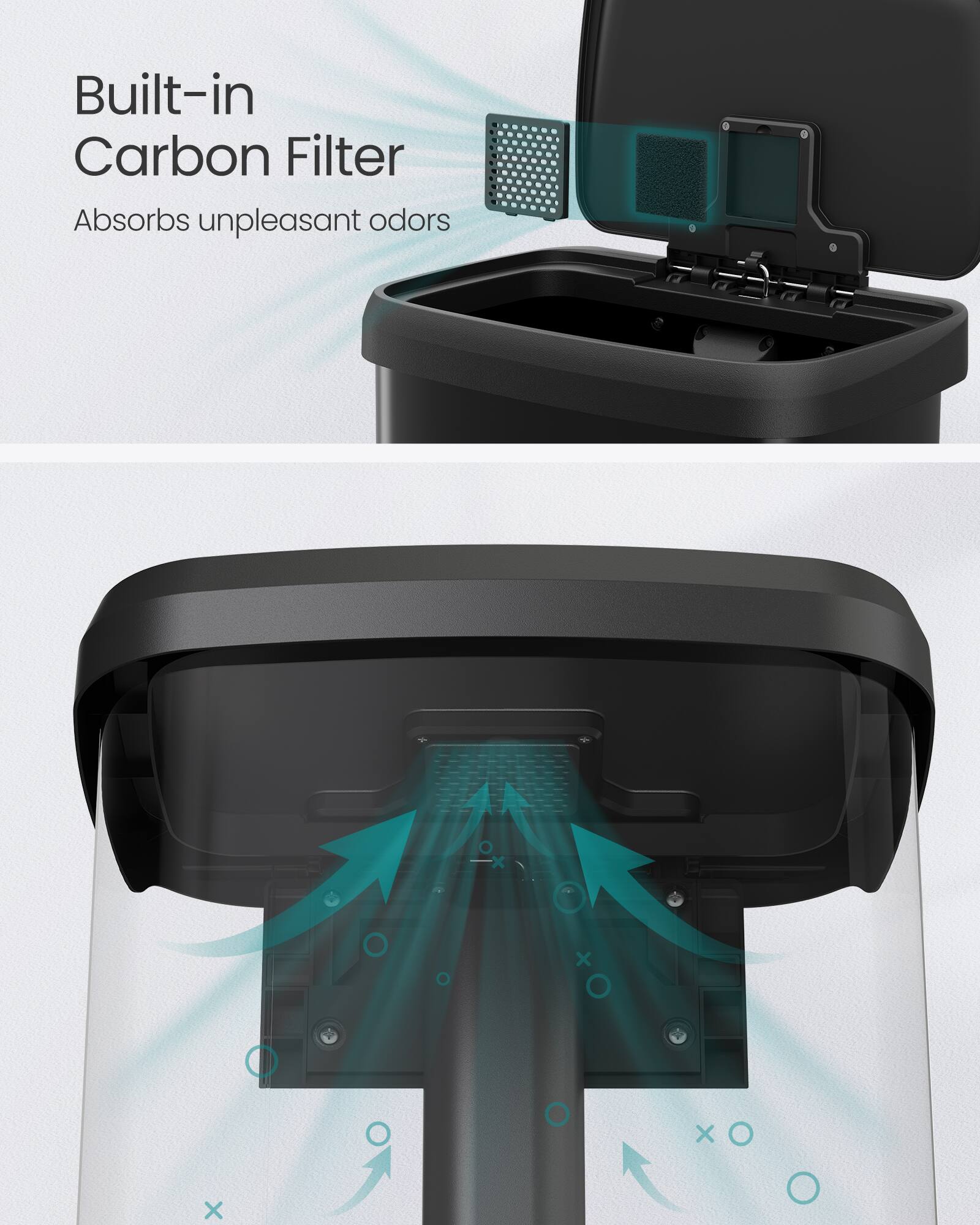 Built-in Carbon Filter Absorbs unpleasant odors