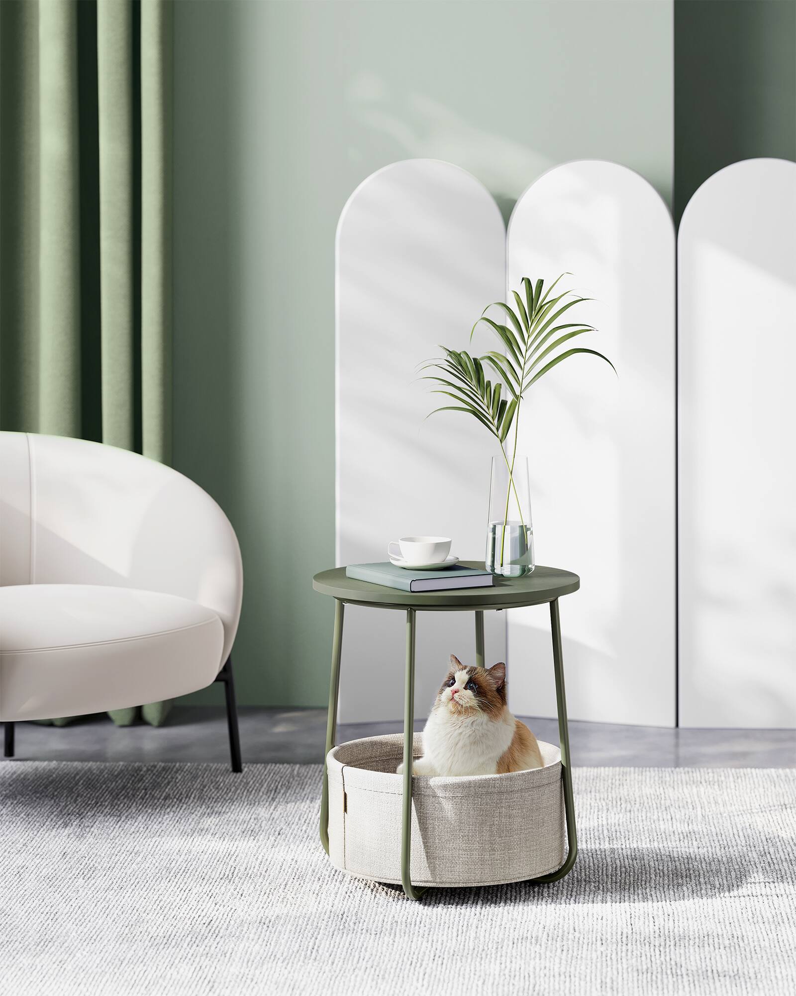 Left. Songmics Home - LILEA Collection - Small Round Side End Table, Modern Nightstand with Fabric Basket - Forest Green and Cream White.