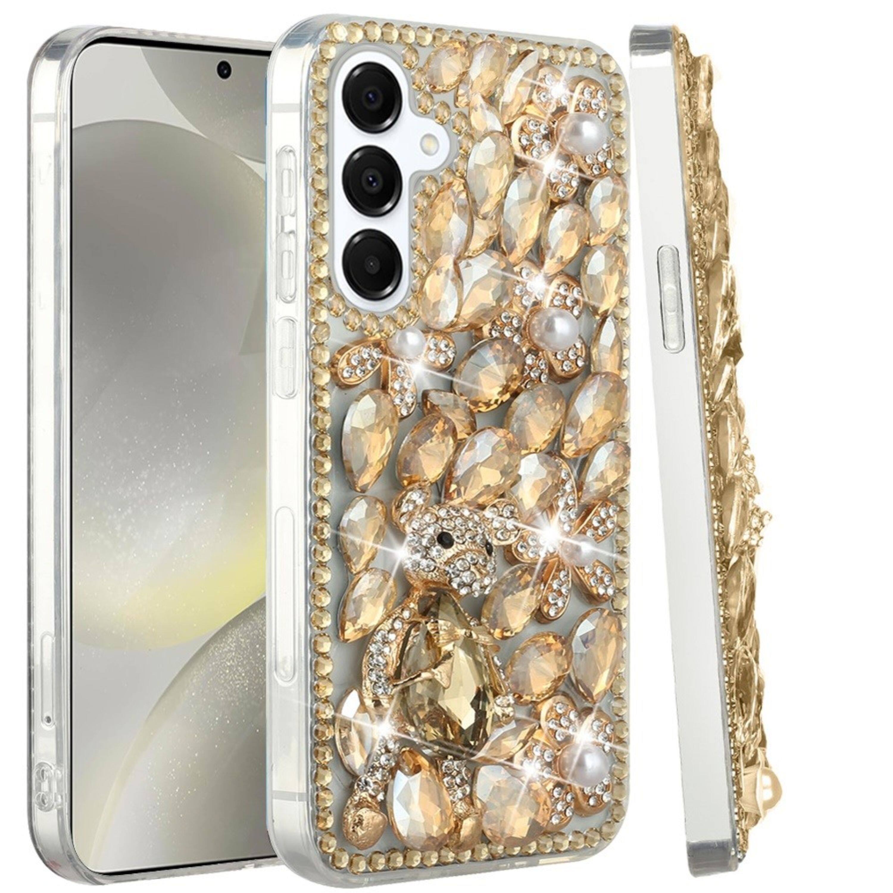 Angle. Kitcheniva - Full Diamond Bling Cover 3D Jewels Plus Tempered Glass For Samsung  S25/S24 Gold Panda Floral - Multicolor.