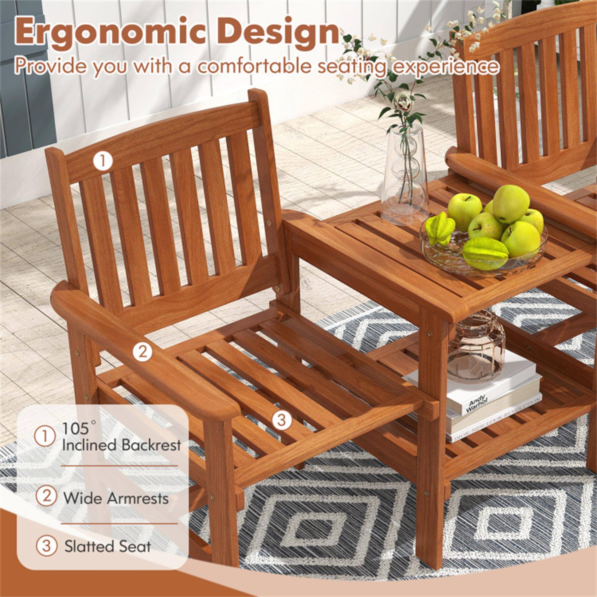 Ergonomic Design  
Provide you with a comfortable seating experience

1. 105° Inclined Backrest  
2. Wide Armrests  
3. Slatted Seat