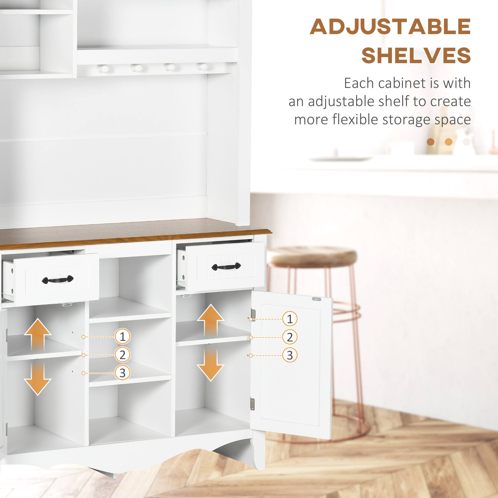 ADJUSTABLE SHELVES

Each cabinet is with an adjustable shelf to create more flexible storage space.