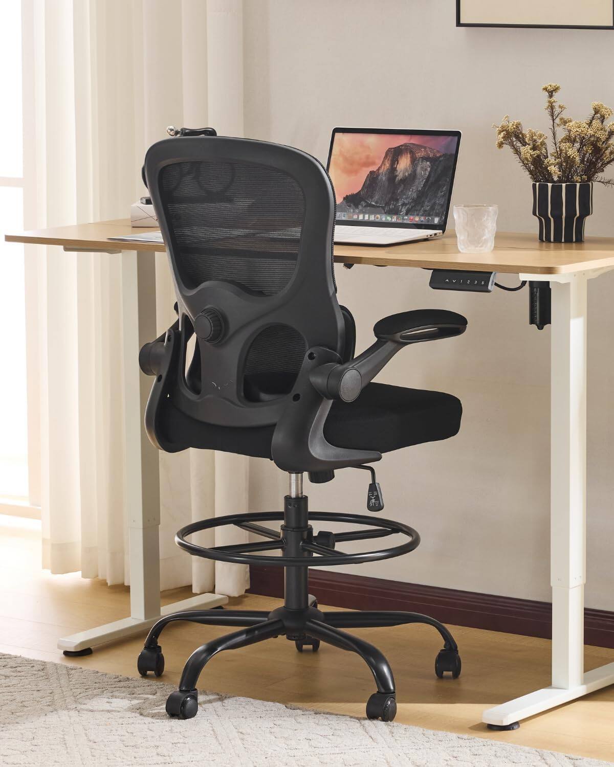 Alt View 6. Winado - Office Artist Chair with Adjustable Footrest and Lumbar Support Contoured Back Support, Flip-Up Armrests, 360° Swivel - Mesh Black.