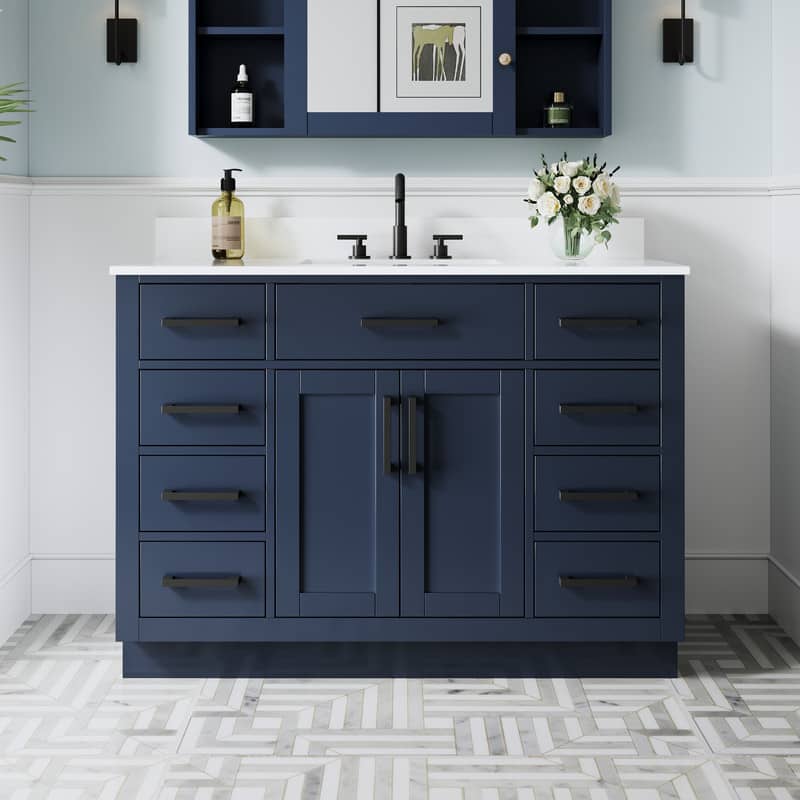 "WELLFOR - 48"" Solid Wood Bathroom Vanity with Sink, 2 Soft-Close Doors, 9 Drawers& Cultured Marble Countertop - Navy Blue" price history on PriceWatchPro