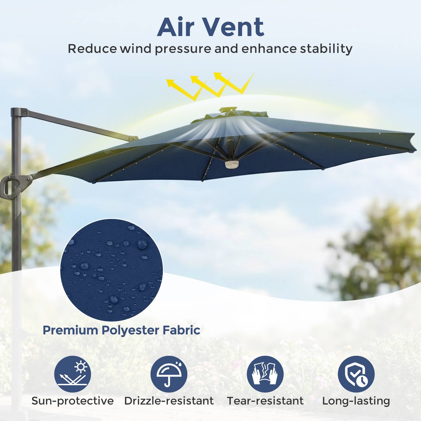 Air Vent  
Reduce wind pressure and enhance stability  

Premium Polyester Fabric  
Sun-protective  
Drizzle-resistant  
Tear-resistant  
Long-lasting