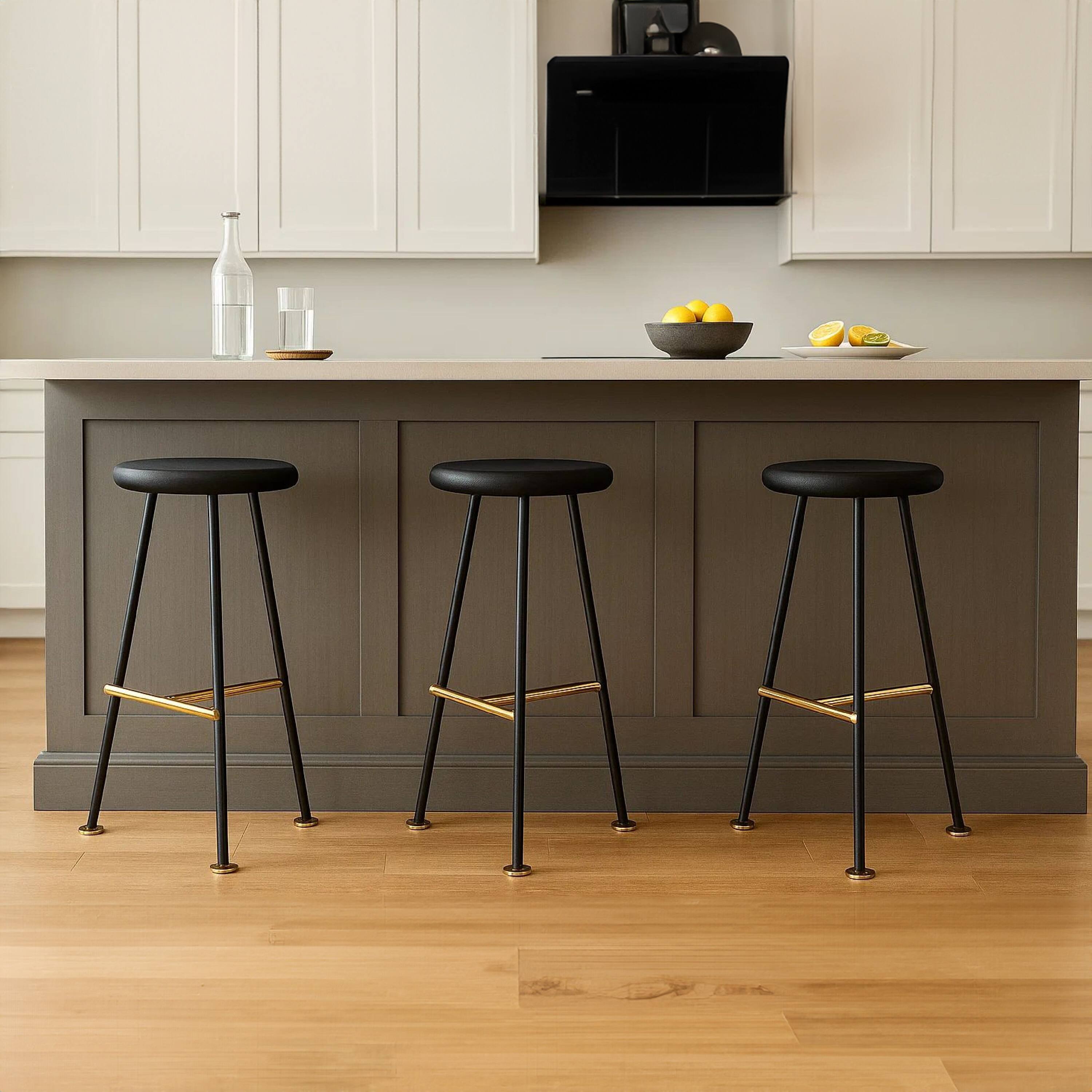 Alt View 10. Manhattan Lane - Elira 24 Inch Backless Counter Barstool with Round Mango Wood Seat | Black Iron Legs | Gold Footrest - Black, Gold.