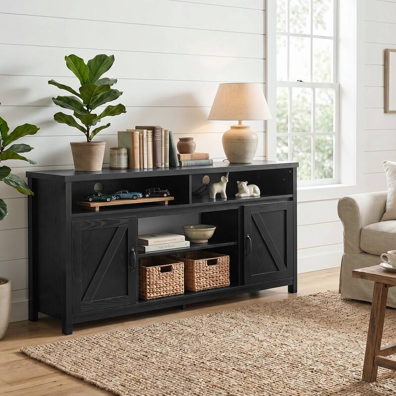Angle. WELLFOR - Farmhouse TV Stand for TVs up to 65", Entertainment Center Console Table with Barn Door - Black.