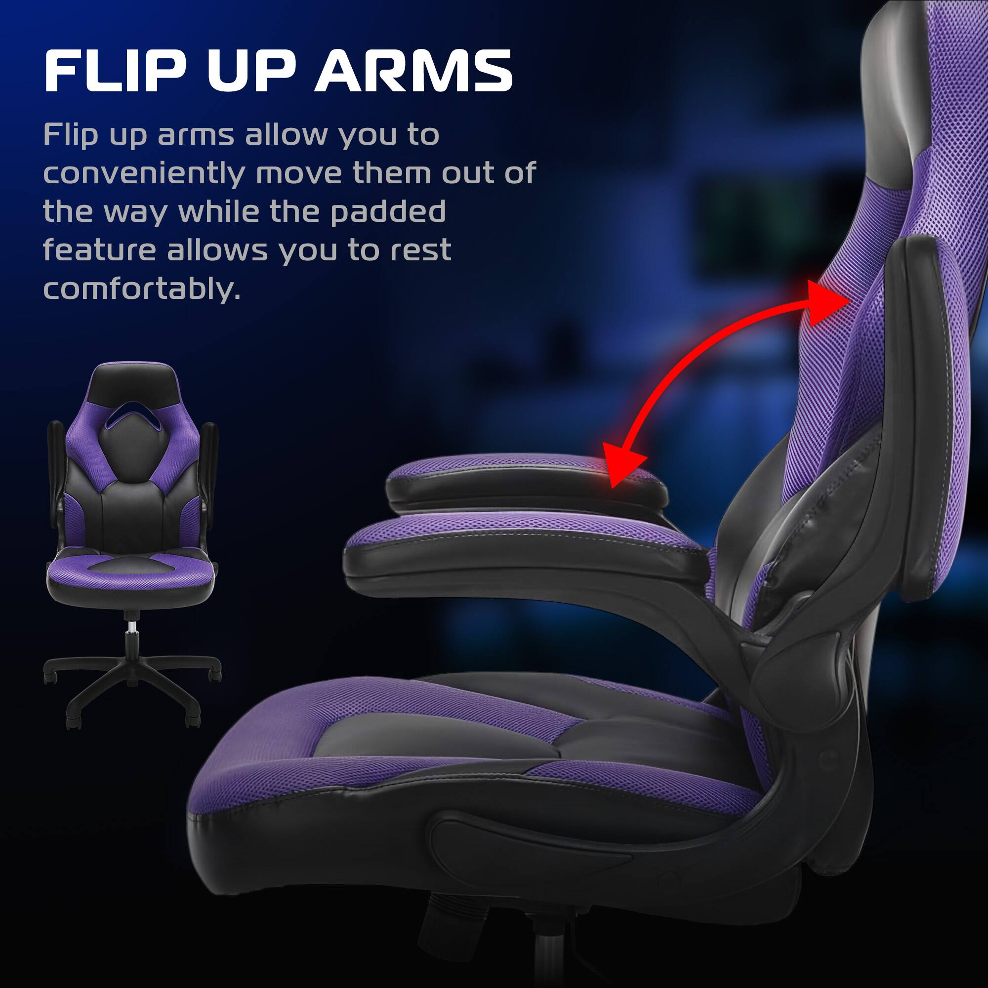 FLIP UP ARMS

Flip up arms allow you to conveniently move them out of the way while the padded feature allows you to rest comfortably.