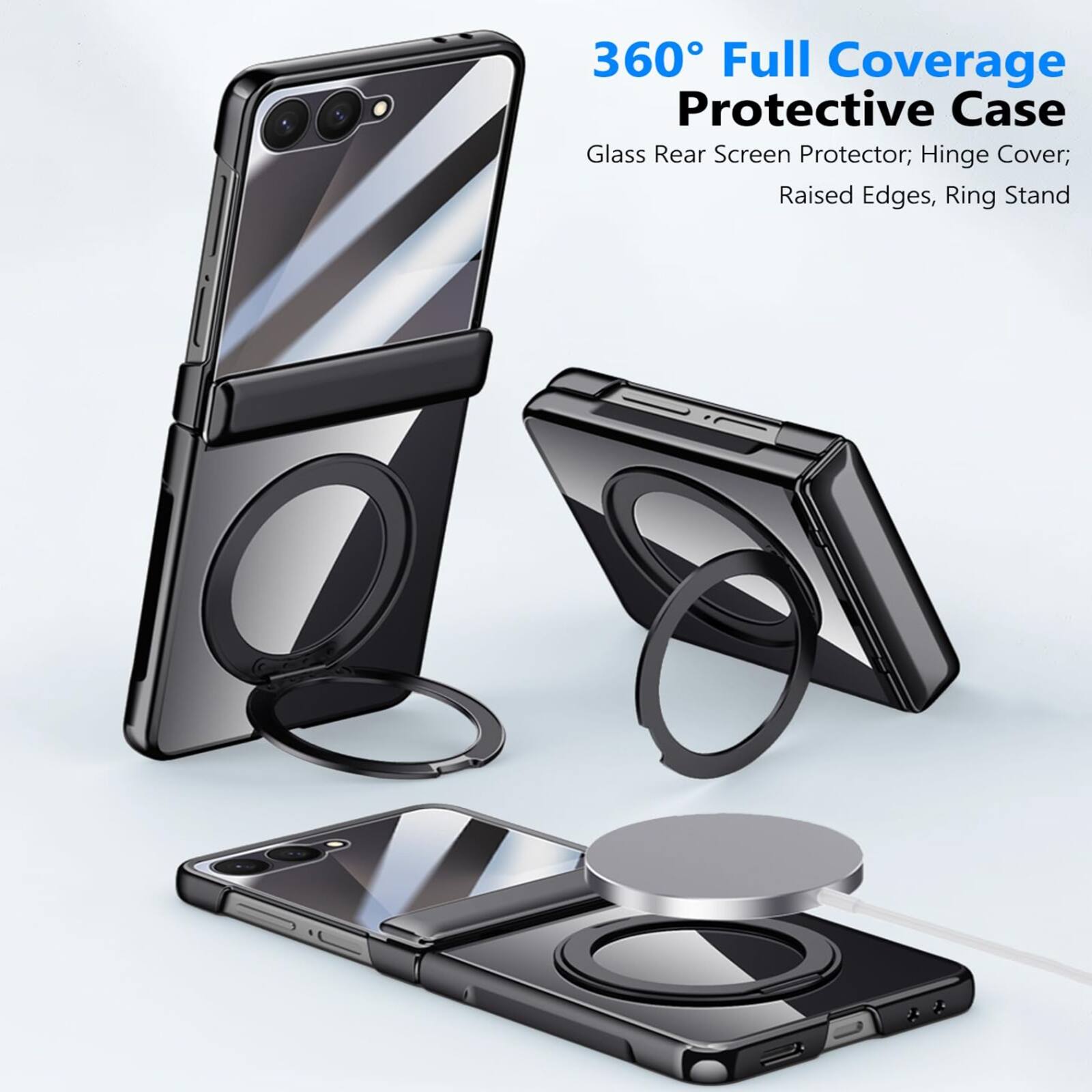 360° Full Coverage Protective Case  
Glass Rear Screen Protector; Hinge Cover; Raised Edges, Ring Stand