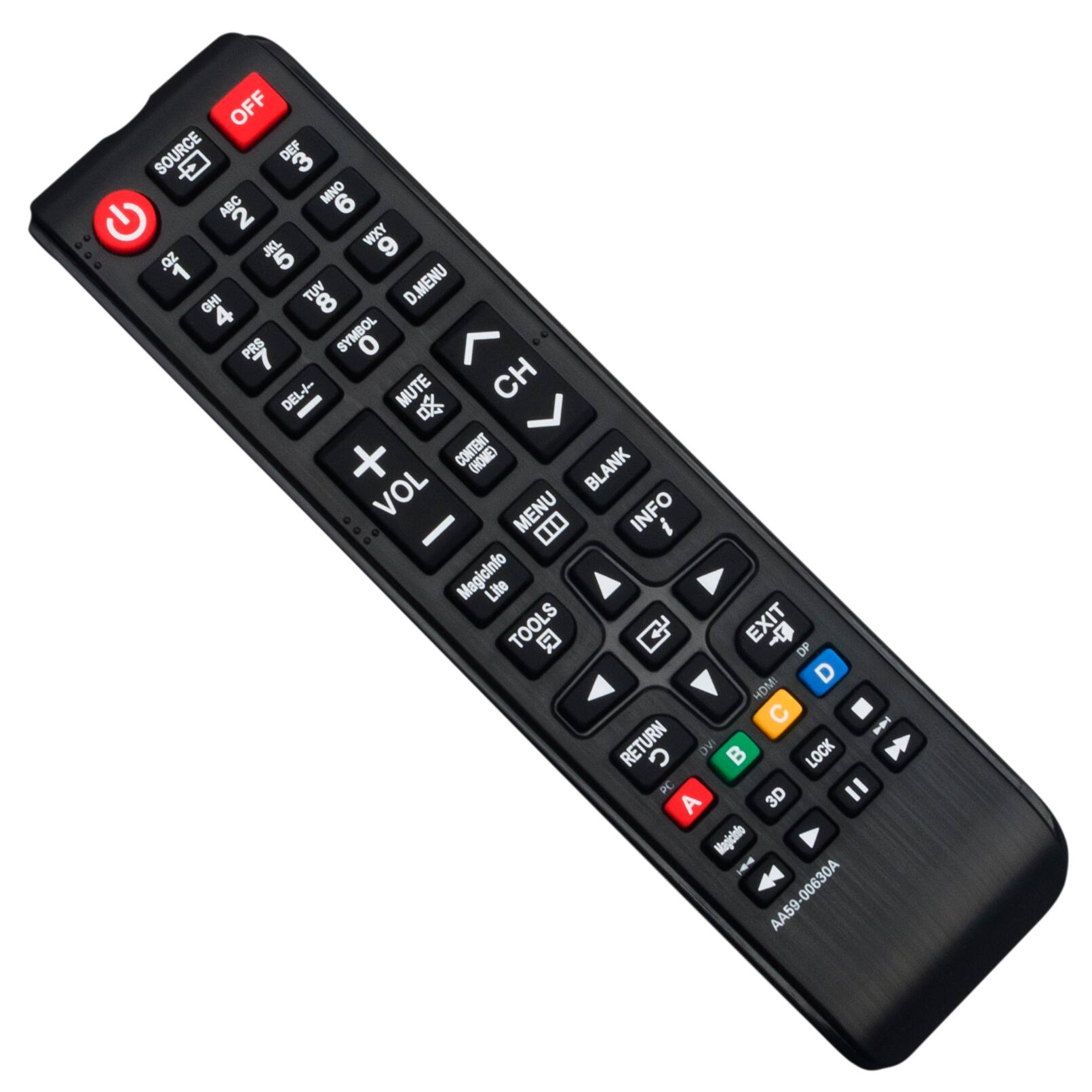 OFF SOURCE DEF 3 ABC MNO 6 2 JKL WXY 6 oz 5 GHI TUV 8 D.MENU 4 PRS SYMBOL 0 DEL-I- MUTE CH I + CONTENT (HOME) BLANK VOL MENU INFO a I i Magicinfo Lite S TOOLS Q C EXIT DP D HOMI C I RETURN C DV B LOCK PC " A 3D Magiciao 1 00630A AA59