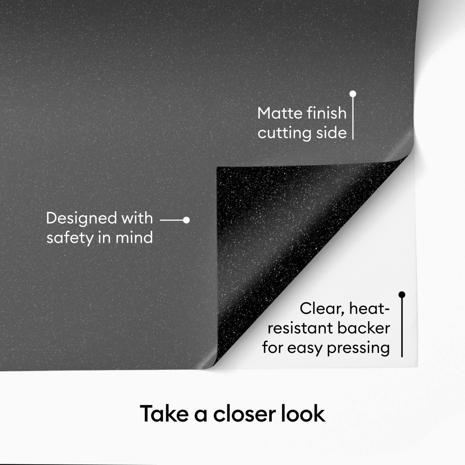 - Matte finish cutting side
- Designed with safety in mind
- Clear, heat-resistant backer for easy pressing
- Take a closer look