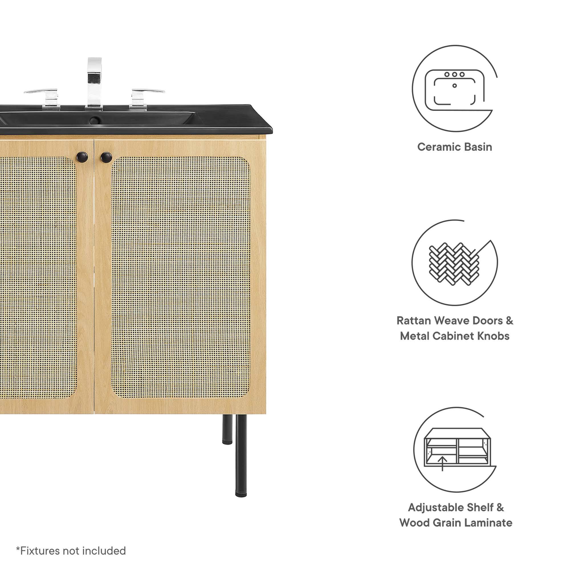 Ceramic Basin  
Rattan Weave Doors & Metal Cabinet Knobs  
Adjustable Shelf & Wood Grain Laminate  

*Fixtures not included