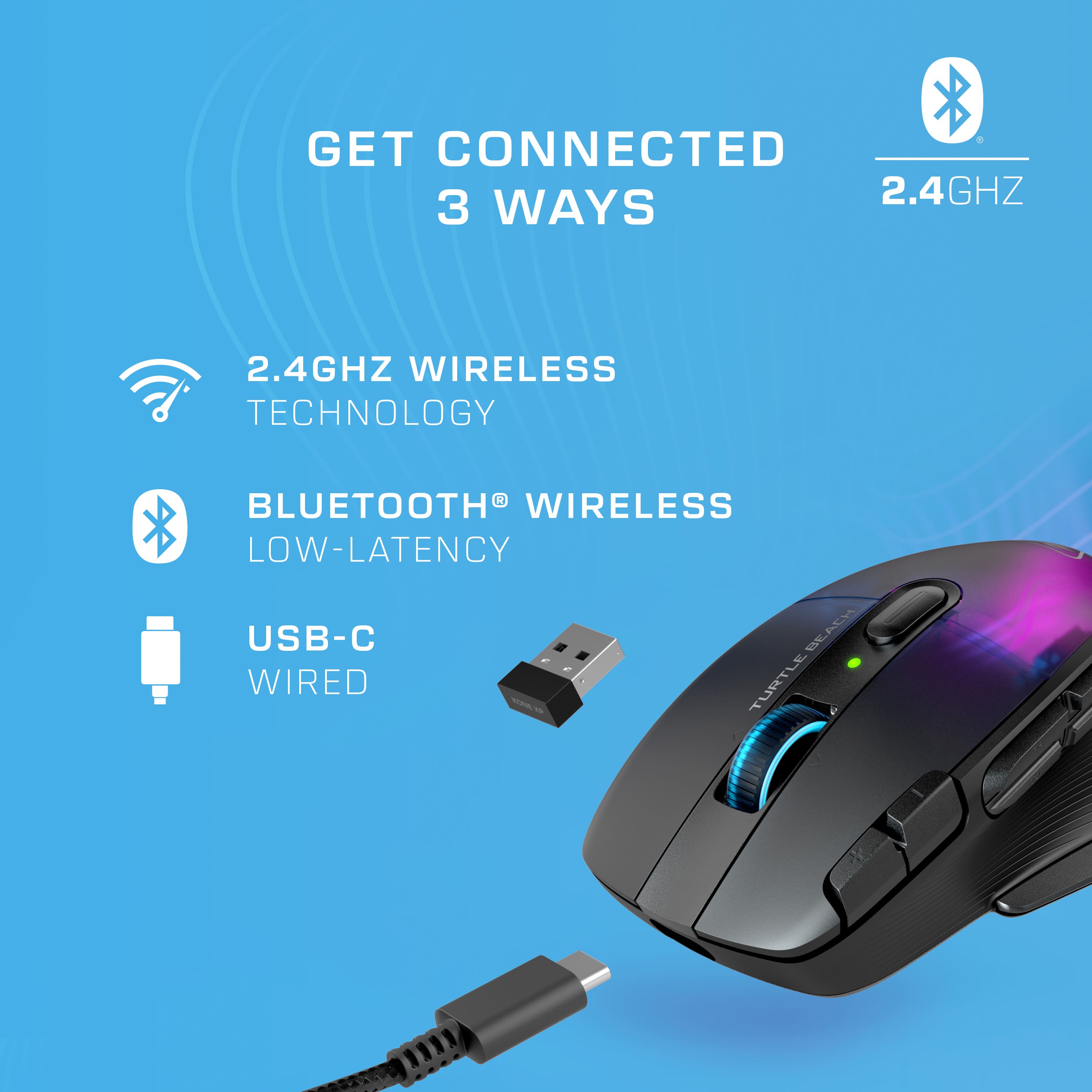 Get Connected 2.4GHz 3 Ways: 2.4GHz Wireless Technology, Bluetooth Wireless, Low-Latency USB-C Wired.