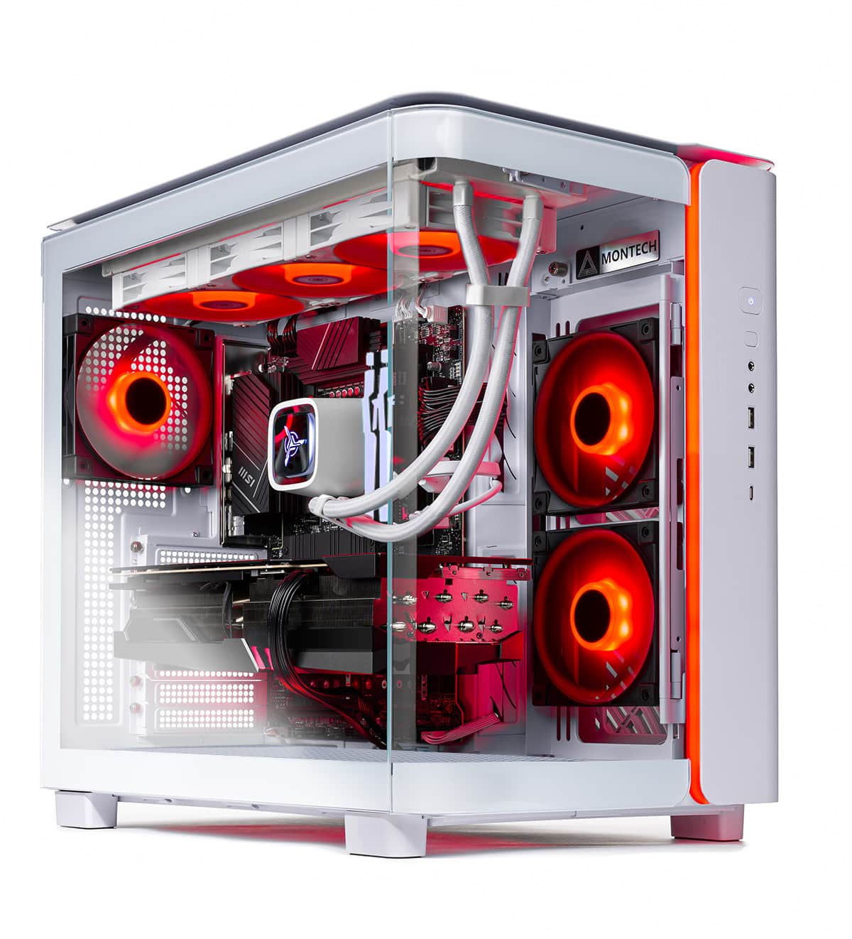 The text on the image reads "6 MSI OO O MONTECH." This is likely a reference to the computer components, such as the motherboard, graphics card, or other hardware, that are manufactured by MSI and Montech. The image shows a computer case with a red and black color scheme, and the components are visible inside the case.